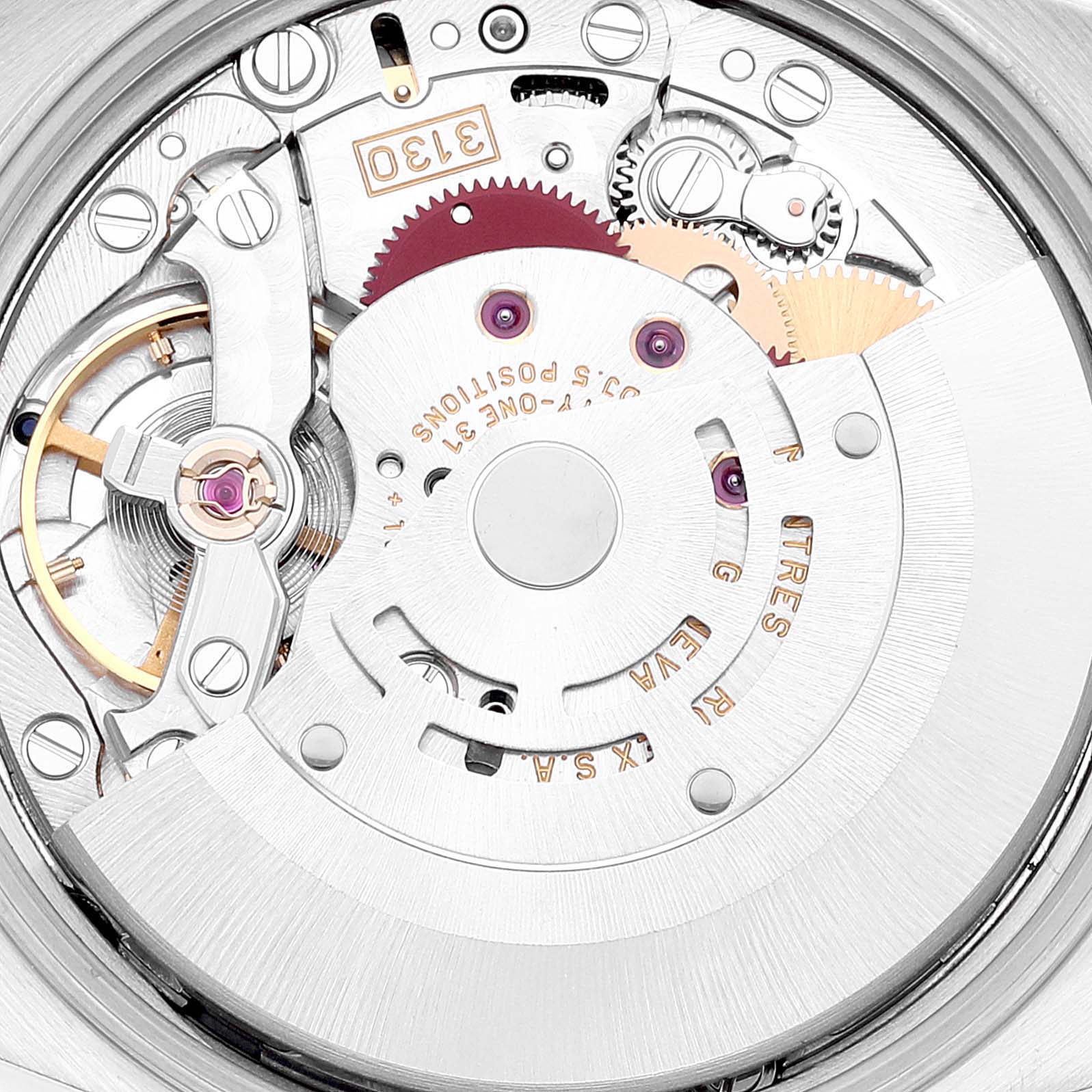This image shows a close-up of the movement mechanism of the Rolex Air-King 14010 Men's Stainless Steel Silver Dial 14010 Men's Stainless Steel Silver Dial watch.