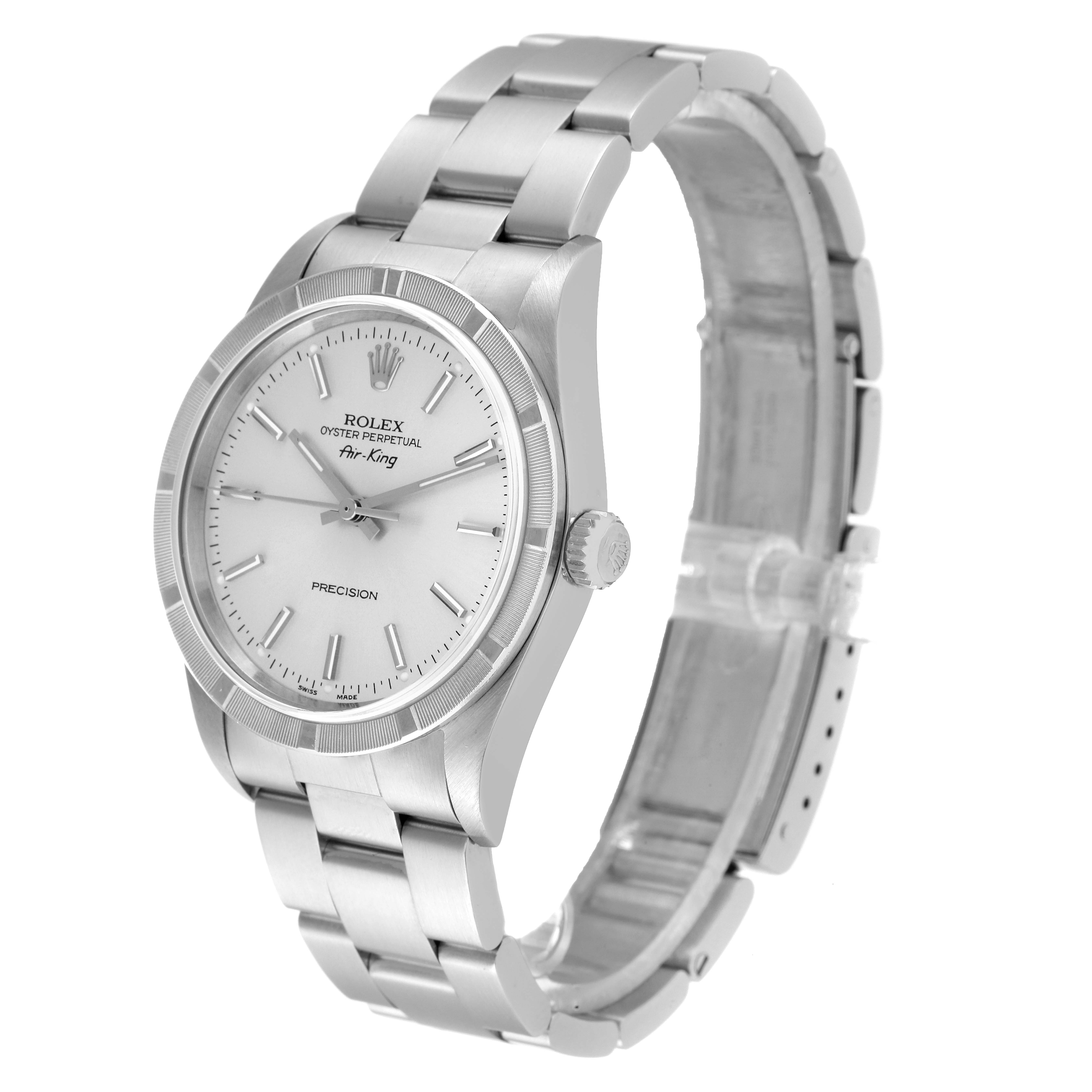 The image shows a side angle of the Rolex Air-King 14010 Men's Stainless Steel Silver Dial 14010 Men's Stainless Steel Silver Dial watch, highlighting the dial, bezel, crown, and bracelet.