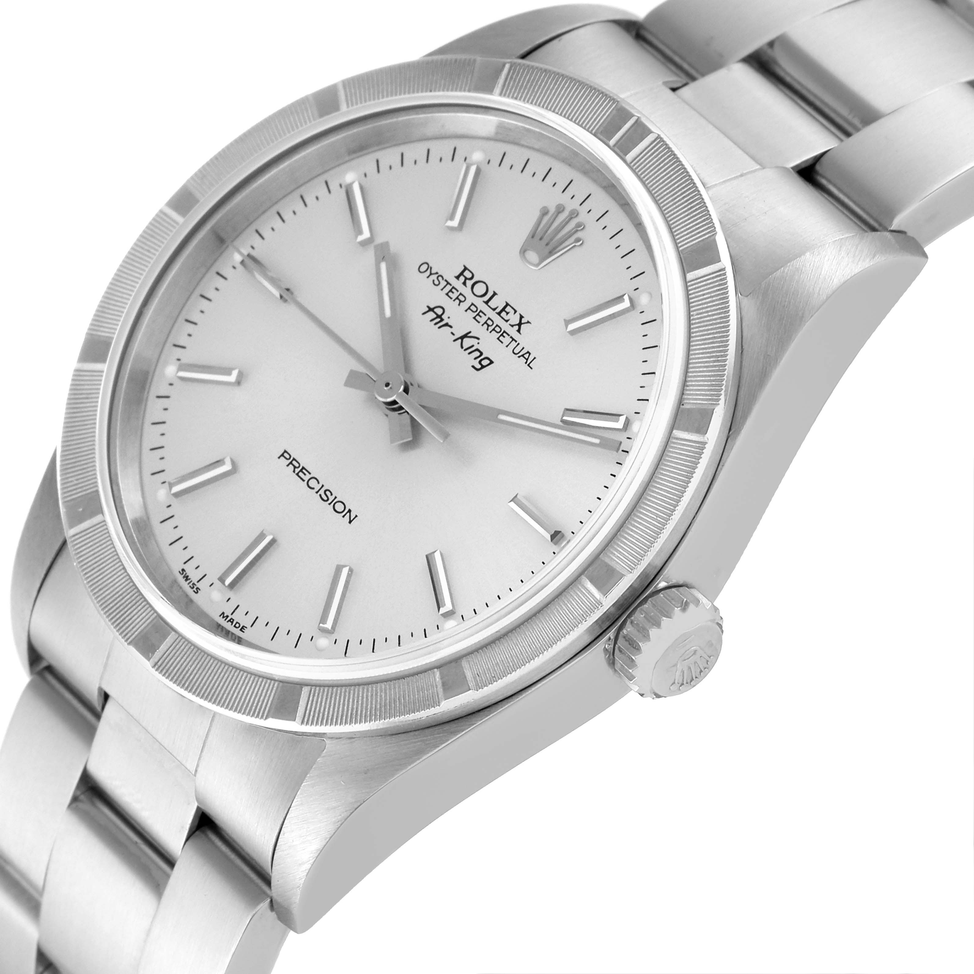 The image shows a close-up angled view of a Rolex Air-King 14010 Men's Stainless Steel Silver Dial 14010 Men's Stainless Steel Silver Dial watch, focusing on its dial, bezel, crown, and bracelet.