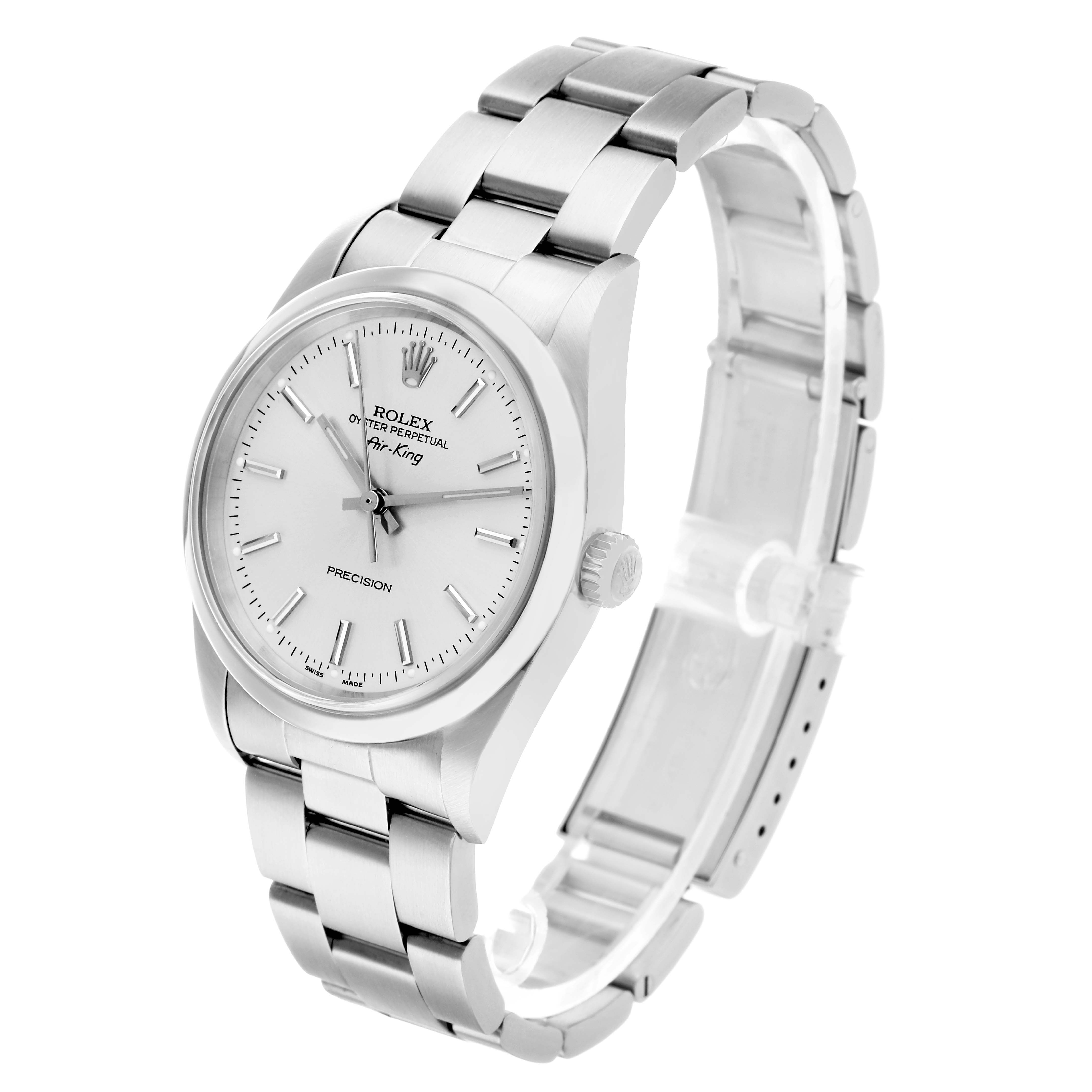 The Rolex Air-King 14000 Men's Stainless Steel Silver Dial watch is shown at a three-quarter angle, highlighting the face, bracelet, and side crown.