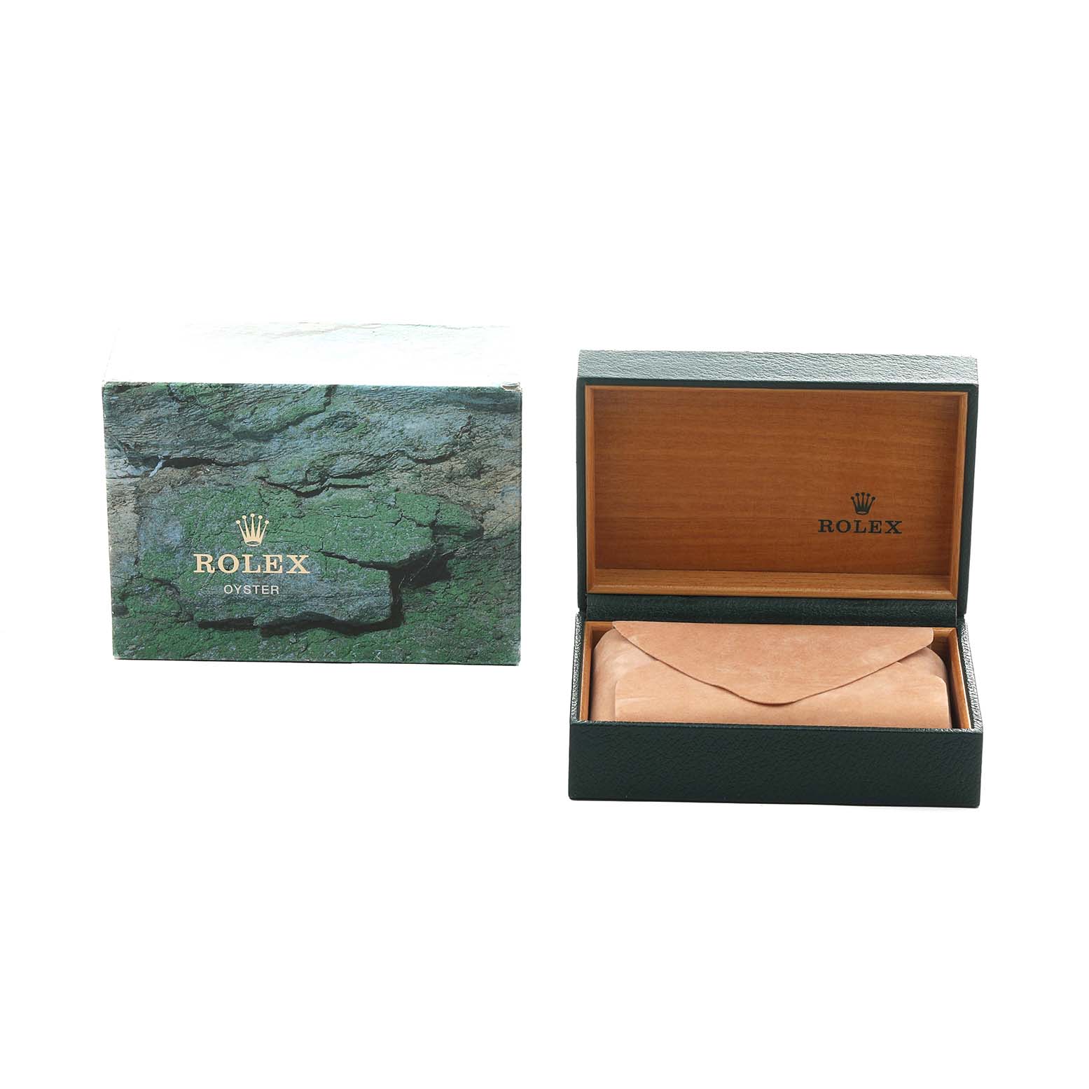 The image shows the packaging and box for the Rolex Air-King 14000 Men's Stainless Steel Silver Dial watch, with the box open next to the outer case.