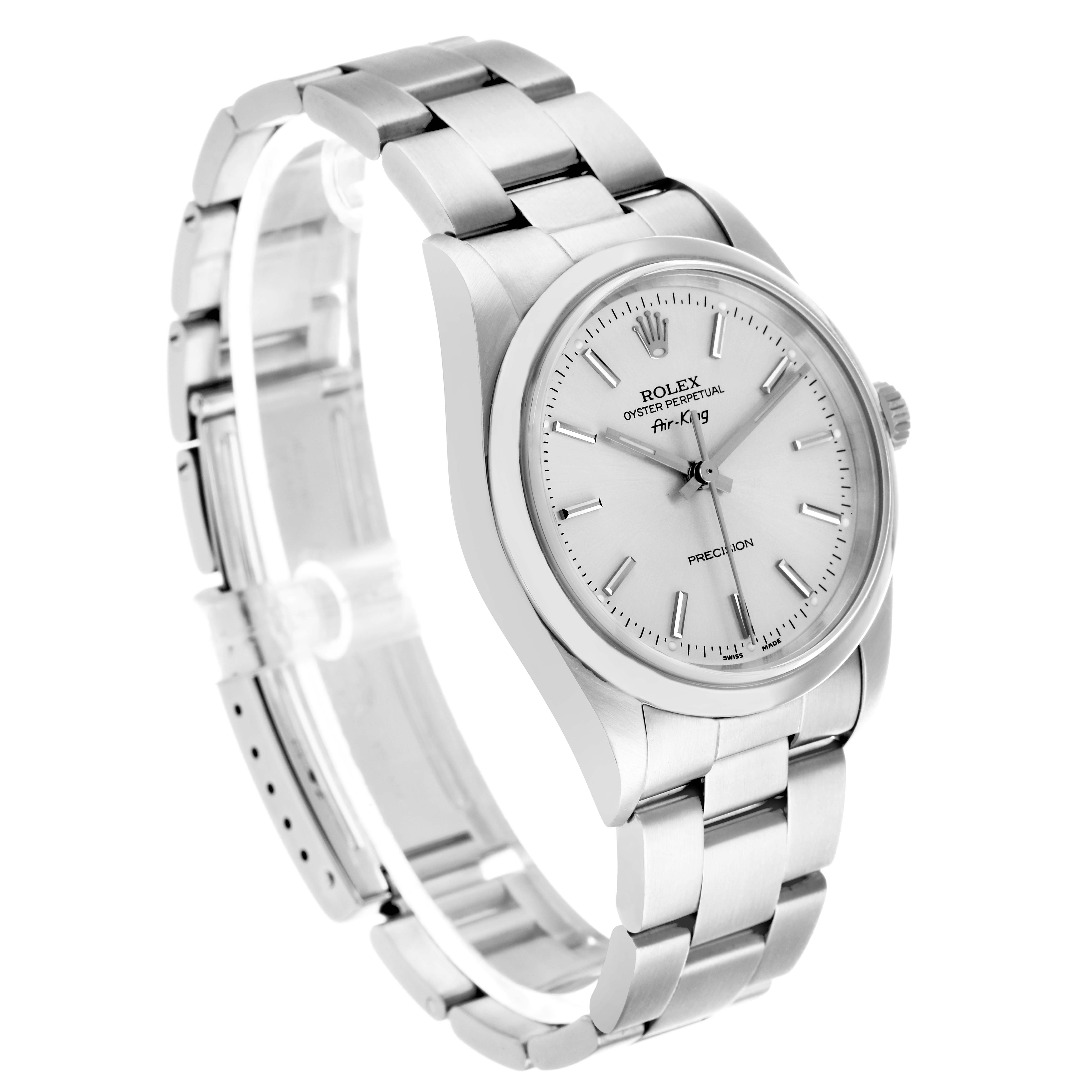 The Rolex Air-King 14000 Men's Stainless Steel Silver Dial watch is shown at a slight angle, displaying the face, bezel, crown, and part of the bracelet.