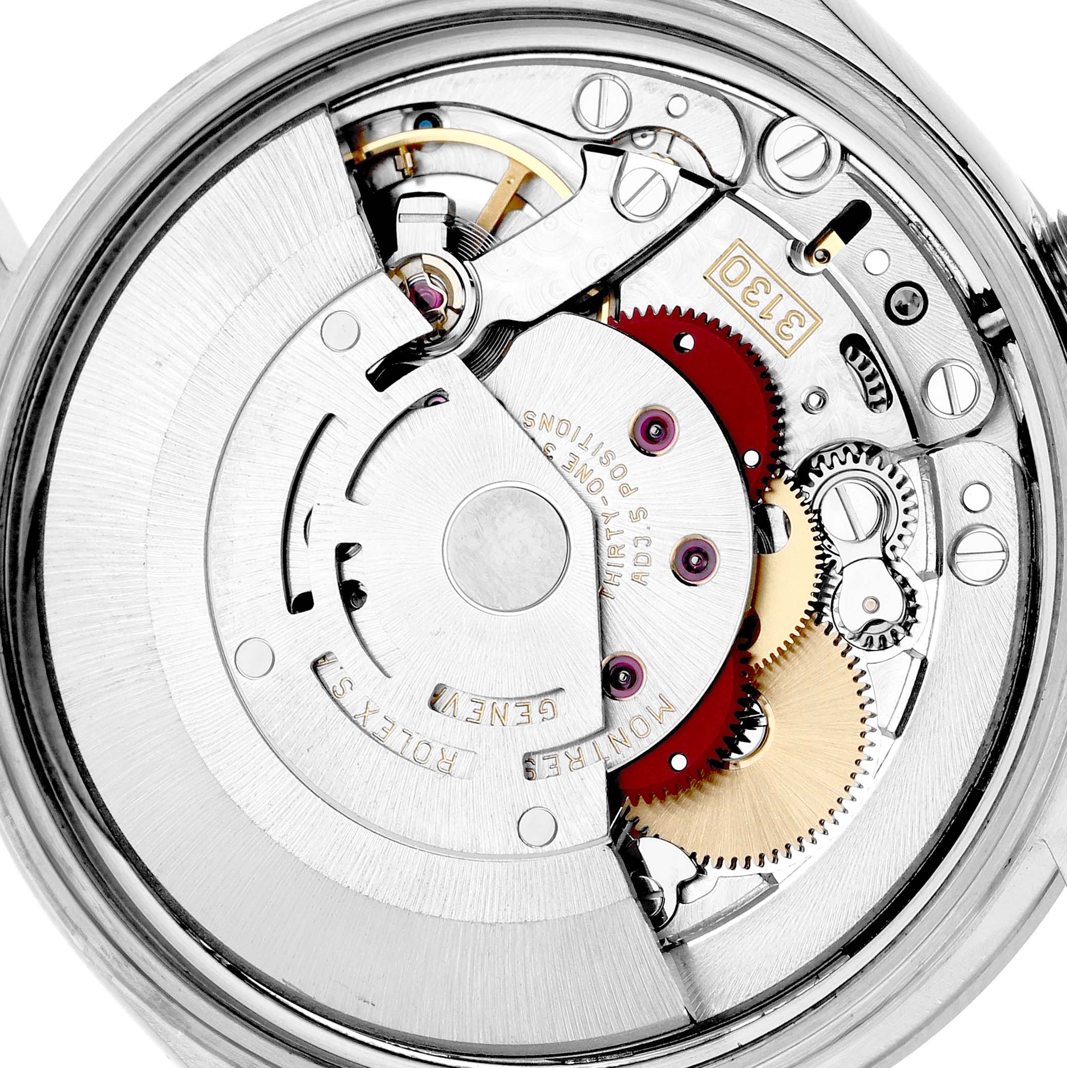This image shows the internal mechanism of a Rolex Air-King 14000 Men's Stainless Steel Silver Dial watch from a top-down angle, highlighting gears and the rotor.