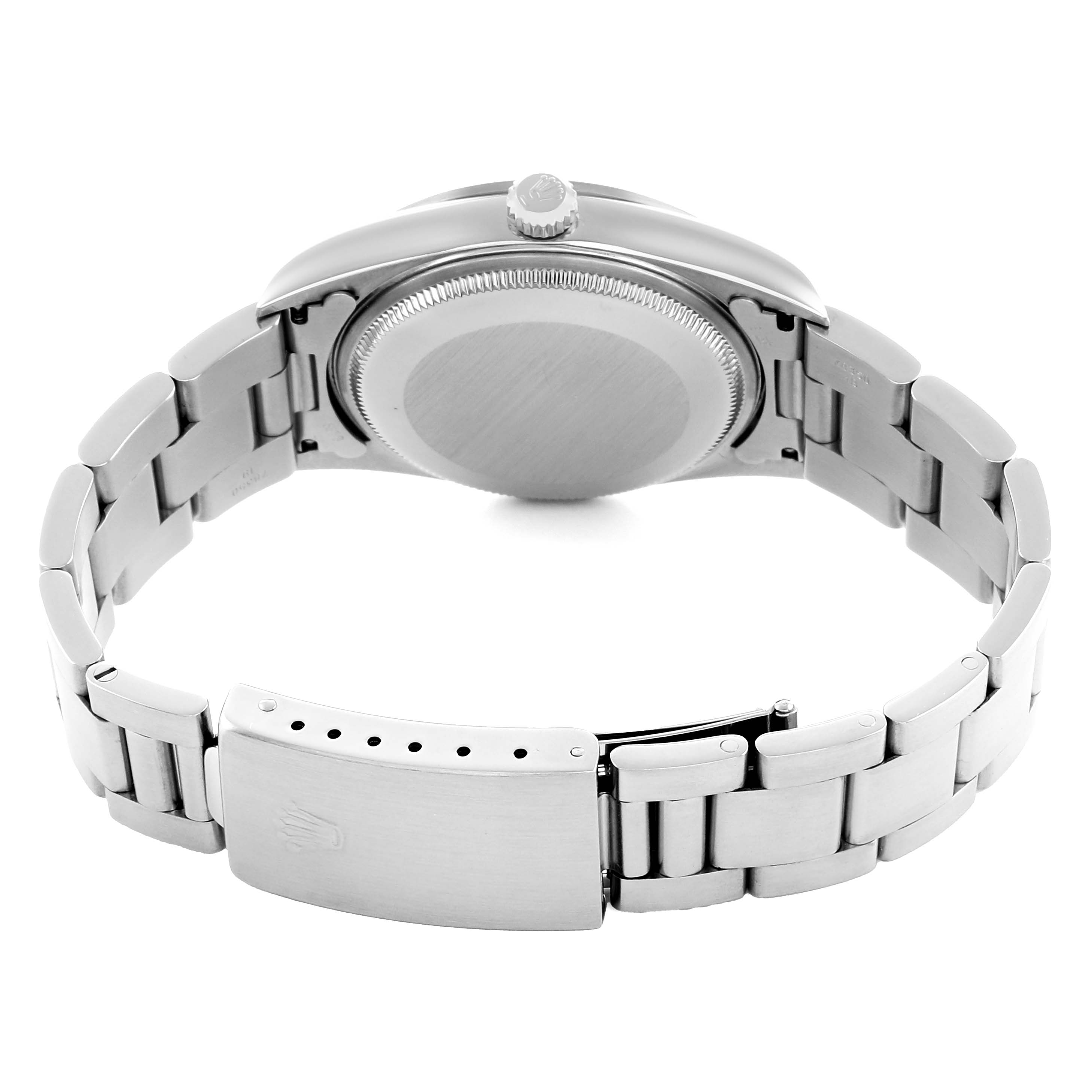 The image shows the back view of a Rolex Air-King 14000 Men's Stainless Steel Silver Dial, featuring the case back, bracelet, and clasp.