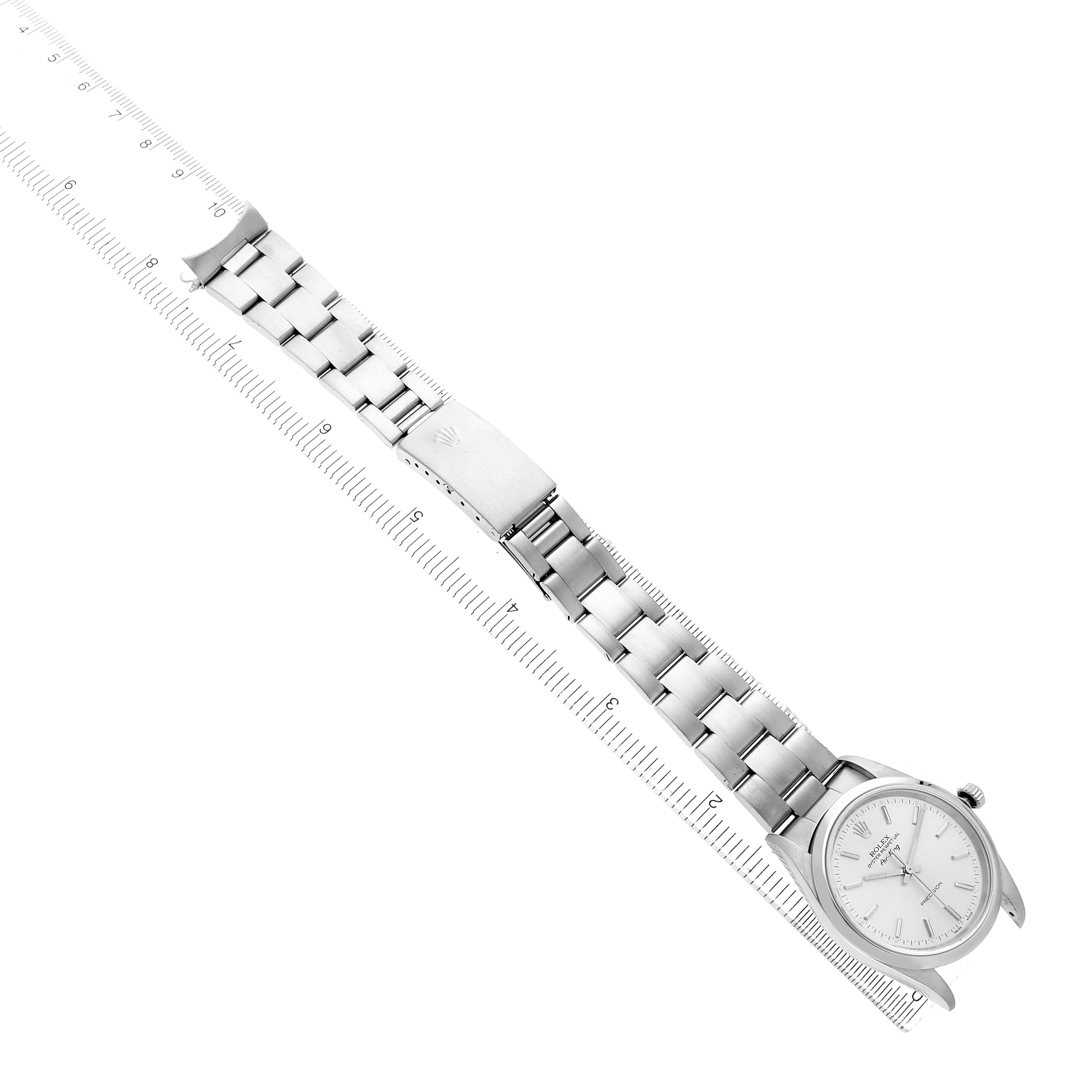 The Rolex Air-King 14000 Men's Stainless Steel Silver Dial watch is displayed from an overhead angle, showcasing the full bracelet, clasp, and watch face.