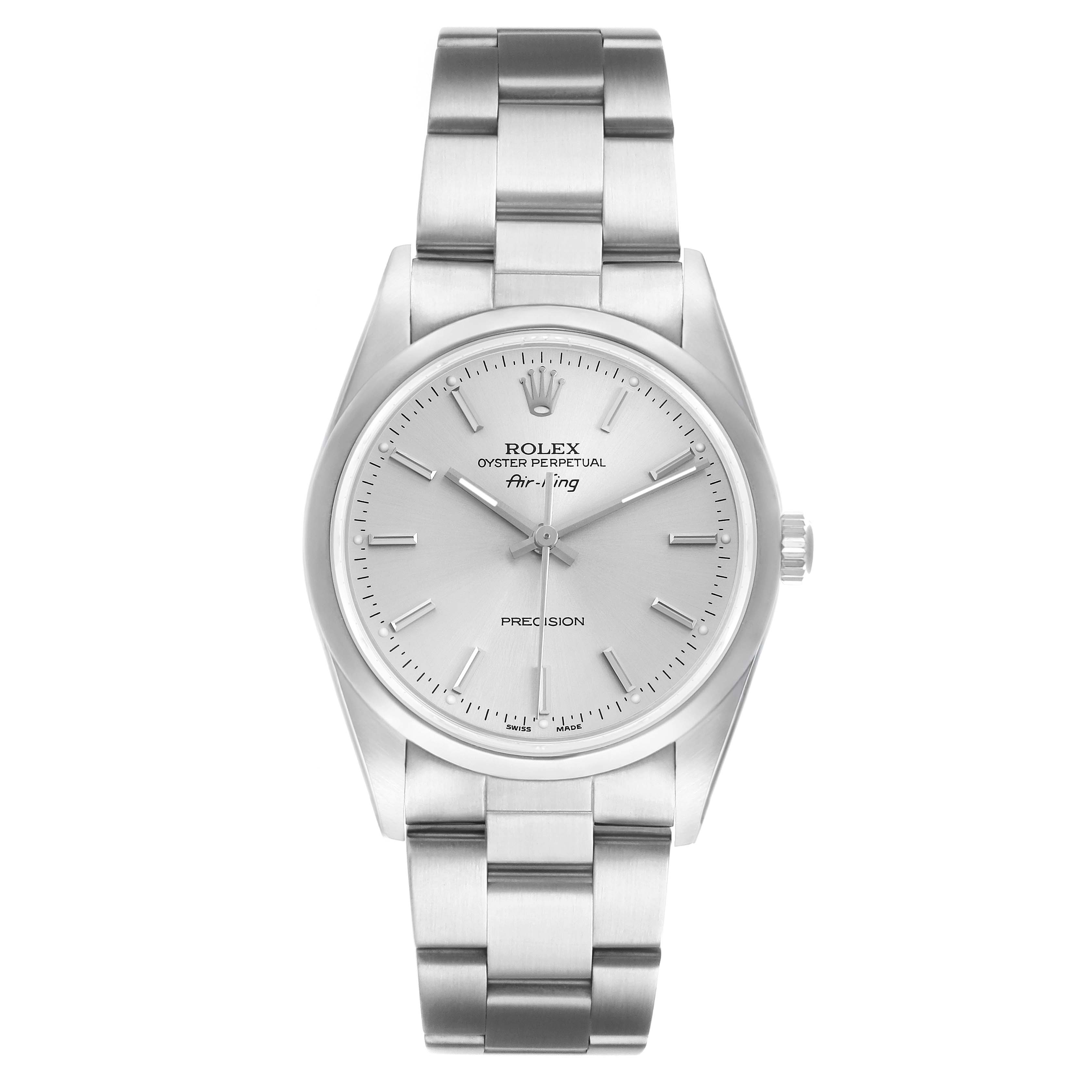 The Rolex Air-King 14000 Men's Stainless Steel Silver Dial watch is shown from a top-down angle, displaying its face, bezel, and bracelet.