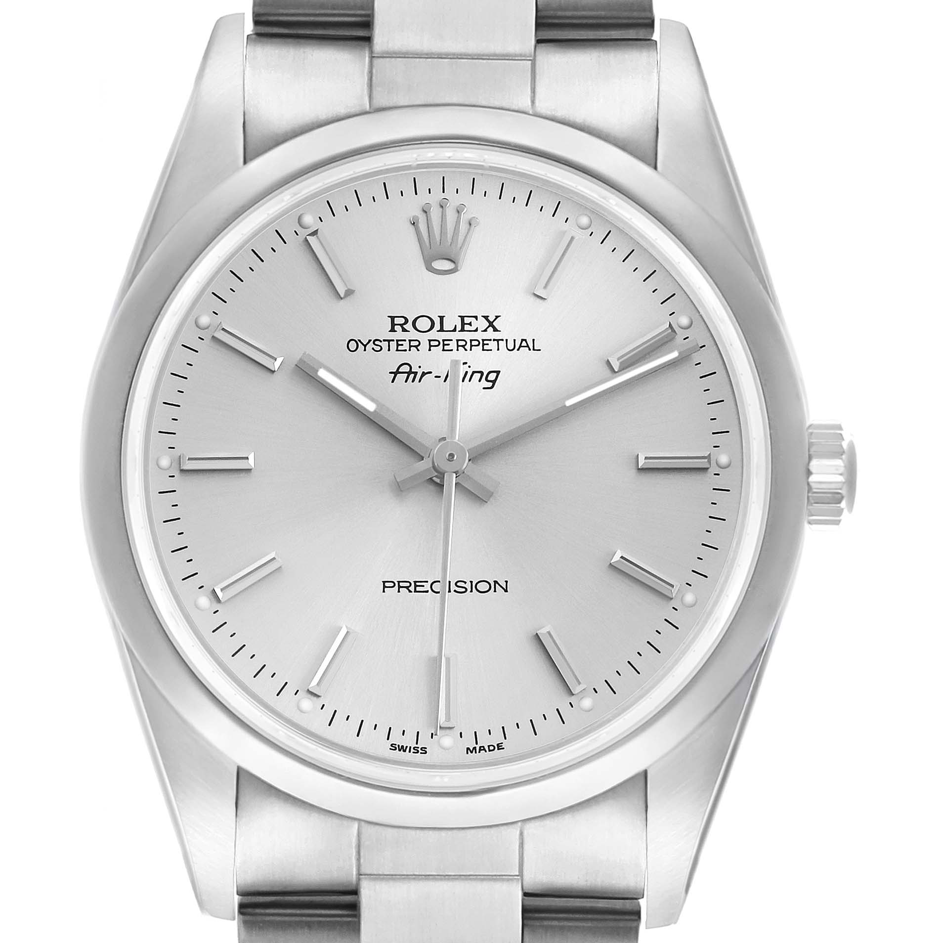 The Rolex Air-King 14000 Men's Stainless Steel Silver Dial watch is shown from a front angle, displaying the dial, crown, hands, and part of the bracelet.