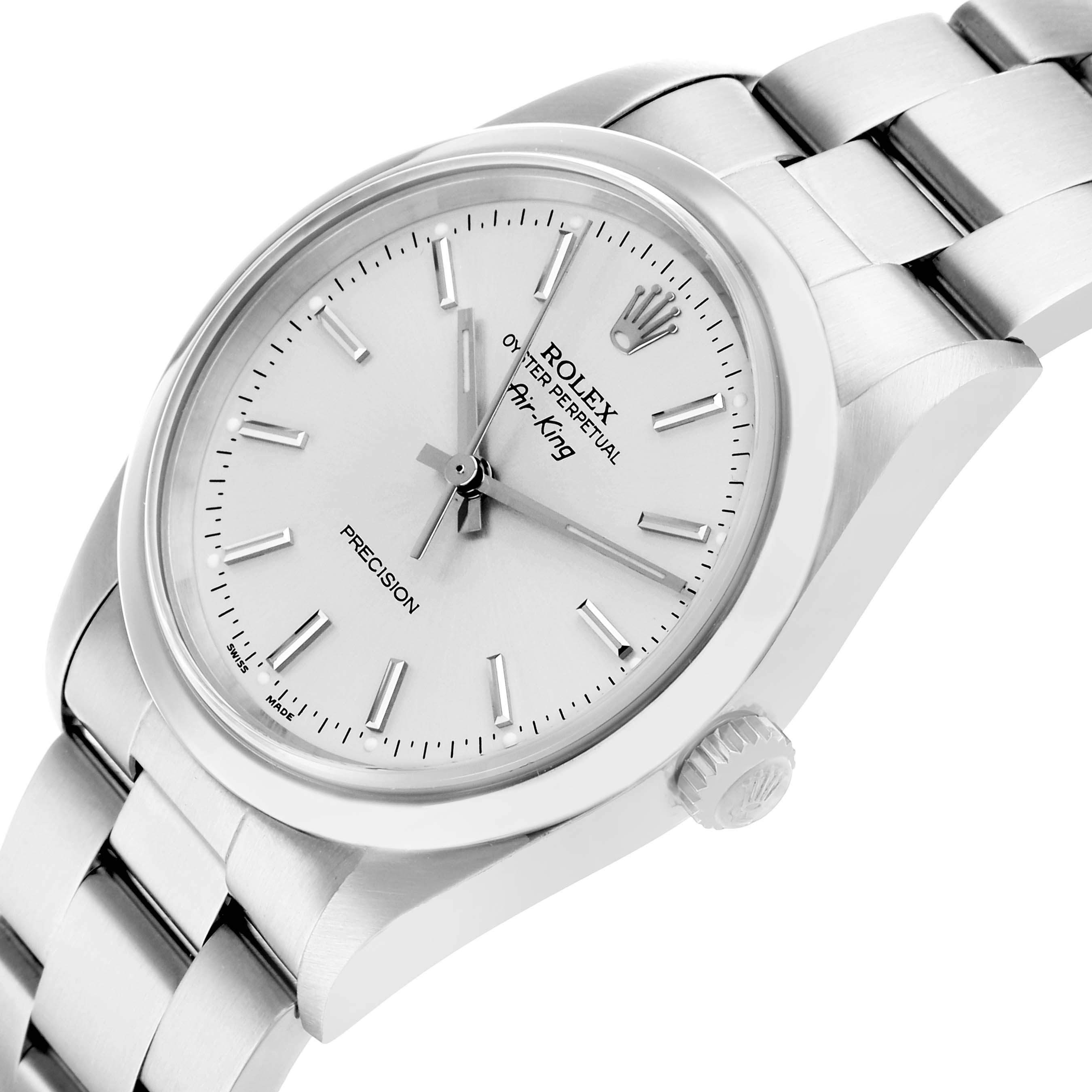 The image shows a Rolex Air-King 14000 Men's Stainless Steel Silver Dial watch from a three-quarter angle, highlighting the face, crown, and stainless steel bracelet.