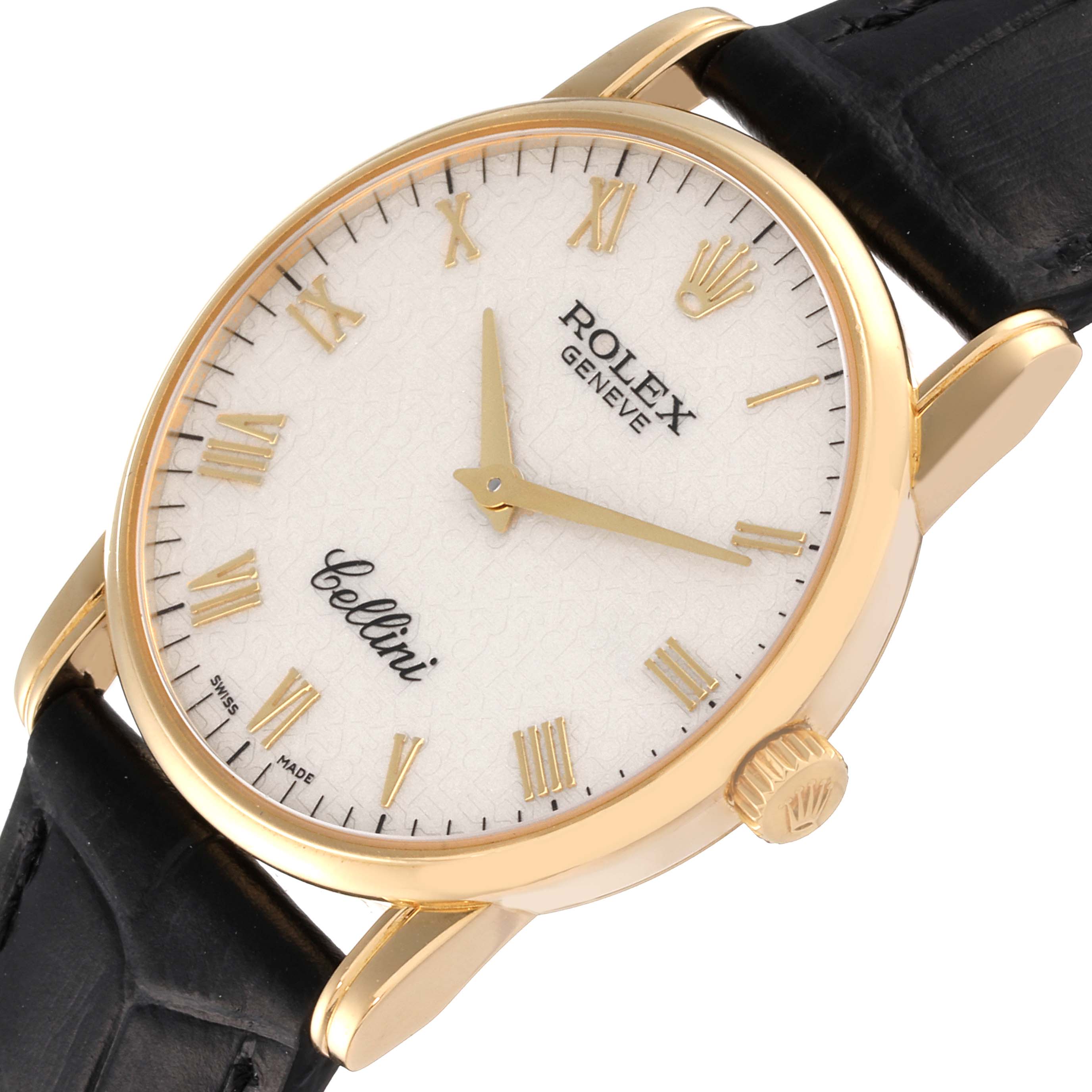 The Rolex Cellini 5116 Men's Yellow Gold Beige Dial 5116 Men's Yellow Gold Beige Dial watch is shown at a slight angle, displaying its face, dial, crown, and black leather strap.
