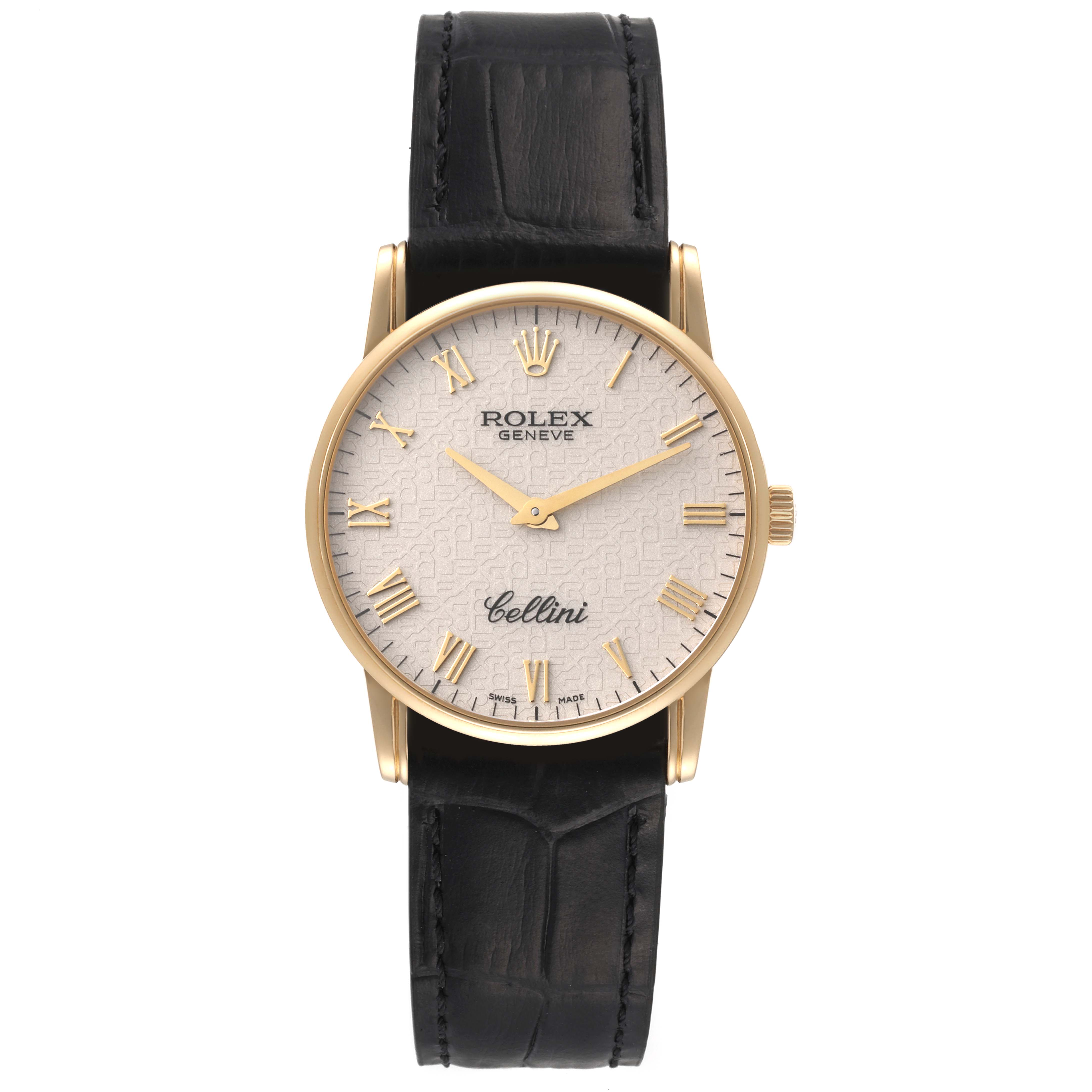 The image shows a front view of a Rolex Cellini 5116 Men's Yellow Gold Beige Dial 5116 Men's Yellow Gold Beige Dial watch, displaying its dial, hands, and leather strap.
