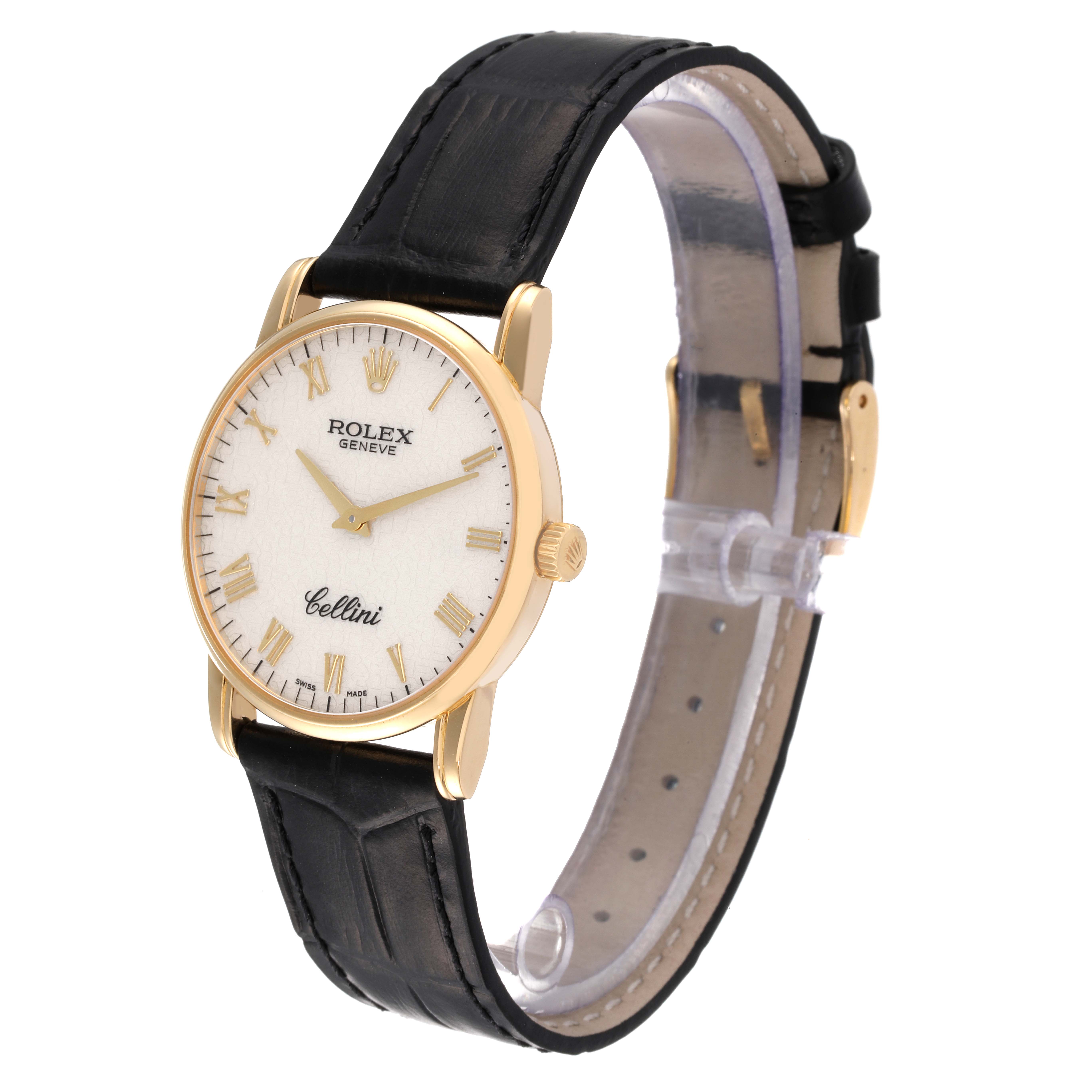 This image shows a side and partial front angle of a Rolex Cellini 5116 Men's Yellow Gold Beige Dial 5116 Men's Yellow Gold Beige Dial watch with a black leather strap and a gold case.