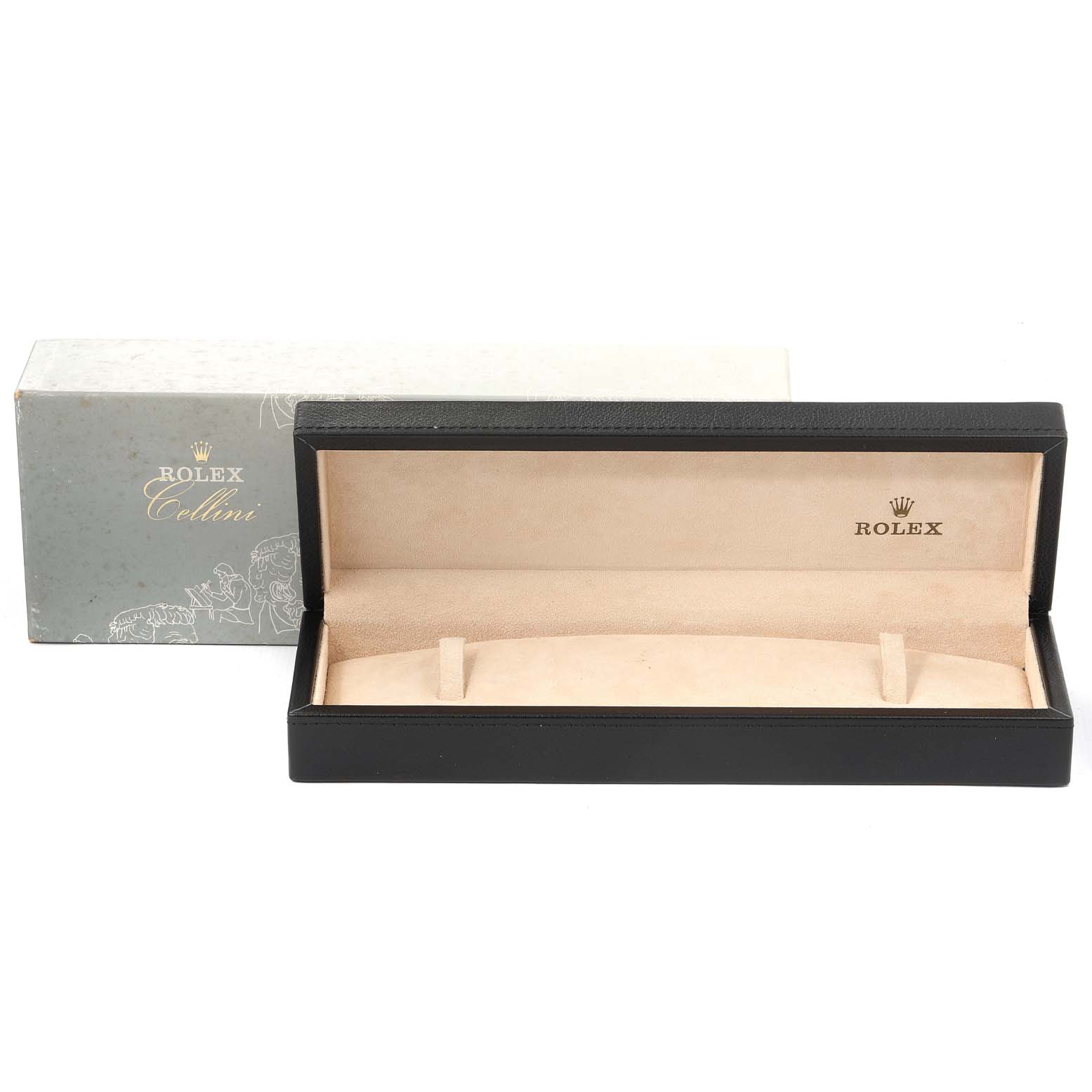 The image shows a Rolex Cellini 5116/8 Men's Yellow Gold Beige Dial 5116/8 Men's Yellow Gold Beige Dial watch box with an outer cardboard box and an inner black leather case with a beige interior.