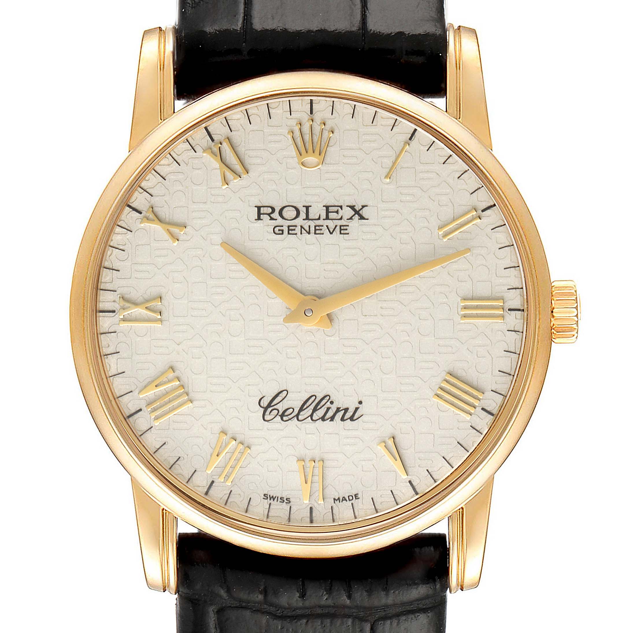 This image shows a front view of a Rolex Cellini 5116/8 Men's Yellow Gold Beige Dial 5116/8 Men's Yellow Gold Beige Dial watch displaying its face, bezel, crown, and part of the strap.