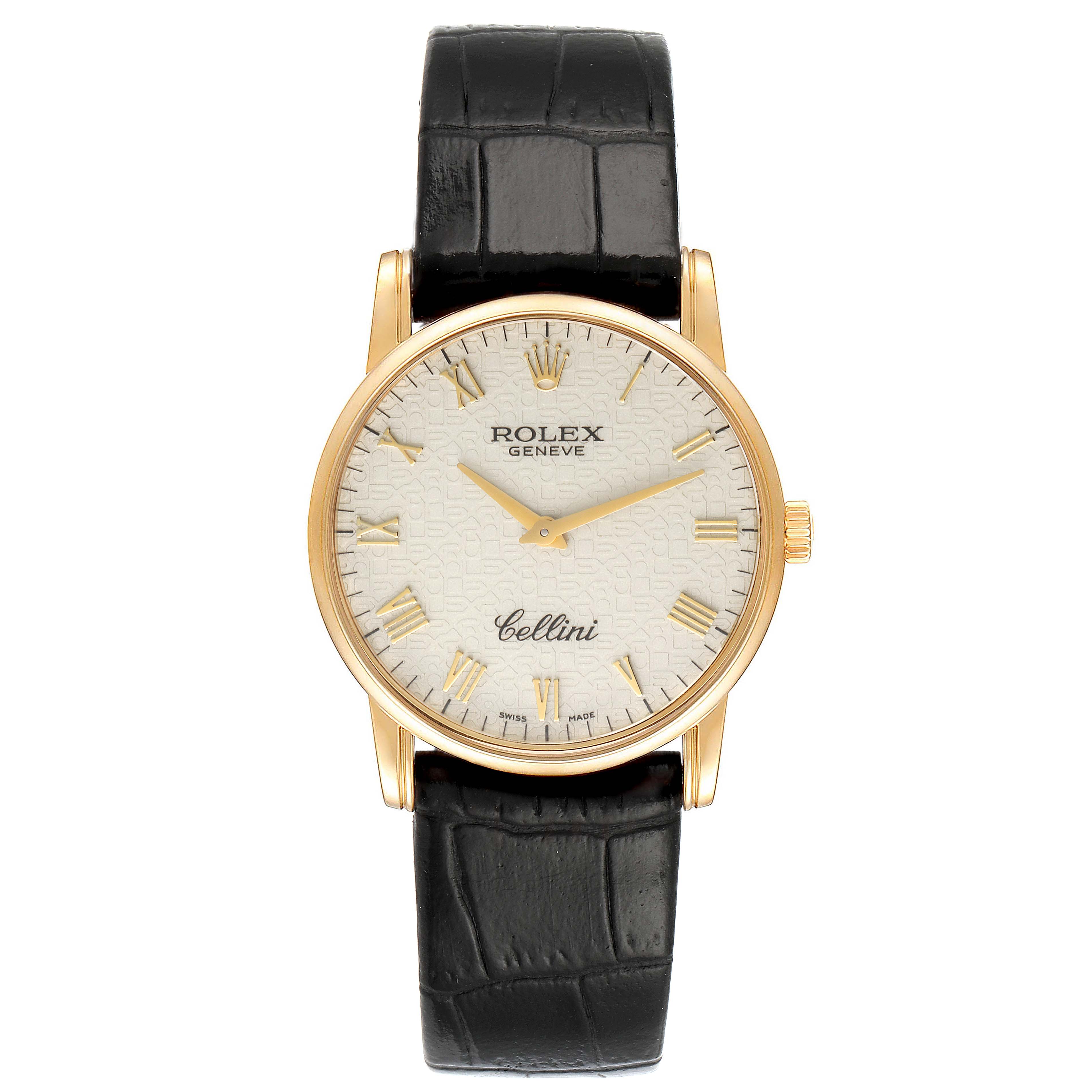 The image shows a front view of a Rolex Cellini 5116/8 Men's Yellow Gold Beige Dial 5116/8 Men's Yellow Gold Beige Dial watch with a gold case and black leather strap.