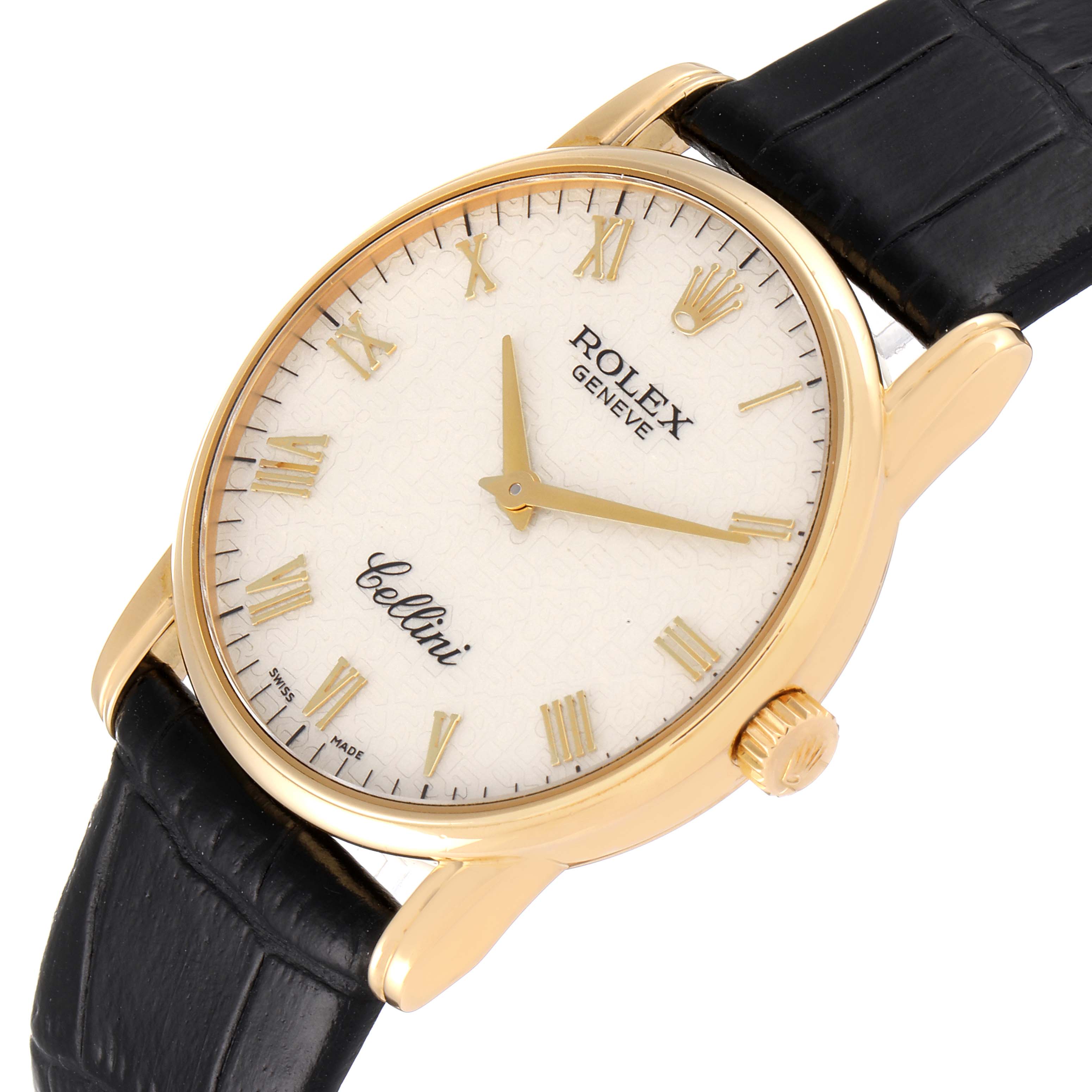 The image shows a tilted angle of a Rolex Cellini 5116/8 Men's Yellow Gold Beige Dial 5116/8 Men's Yellow Gold Beige Dial watch, highlighting its gold case, white dial, Roman numerals, and black leather strap.