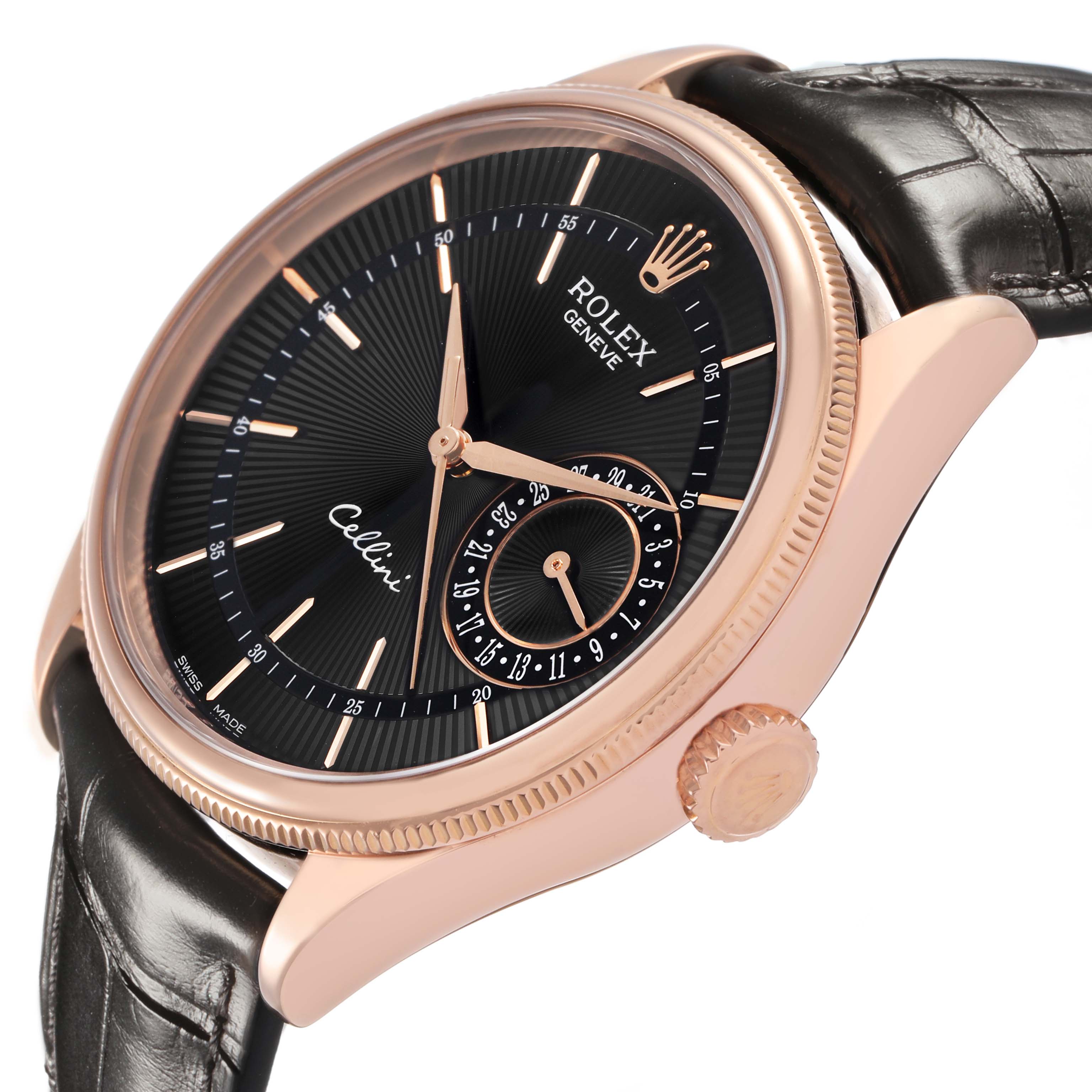 The Rolex Cellini 50515 Men's Rose Gold Black Dial watch is shown at a slight angled side view, highlighting the dial, crown, and leather strap.