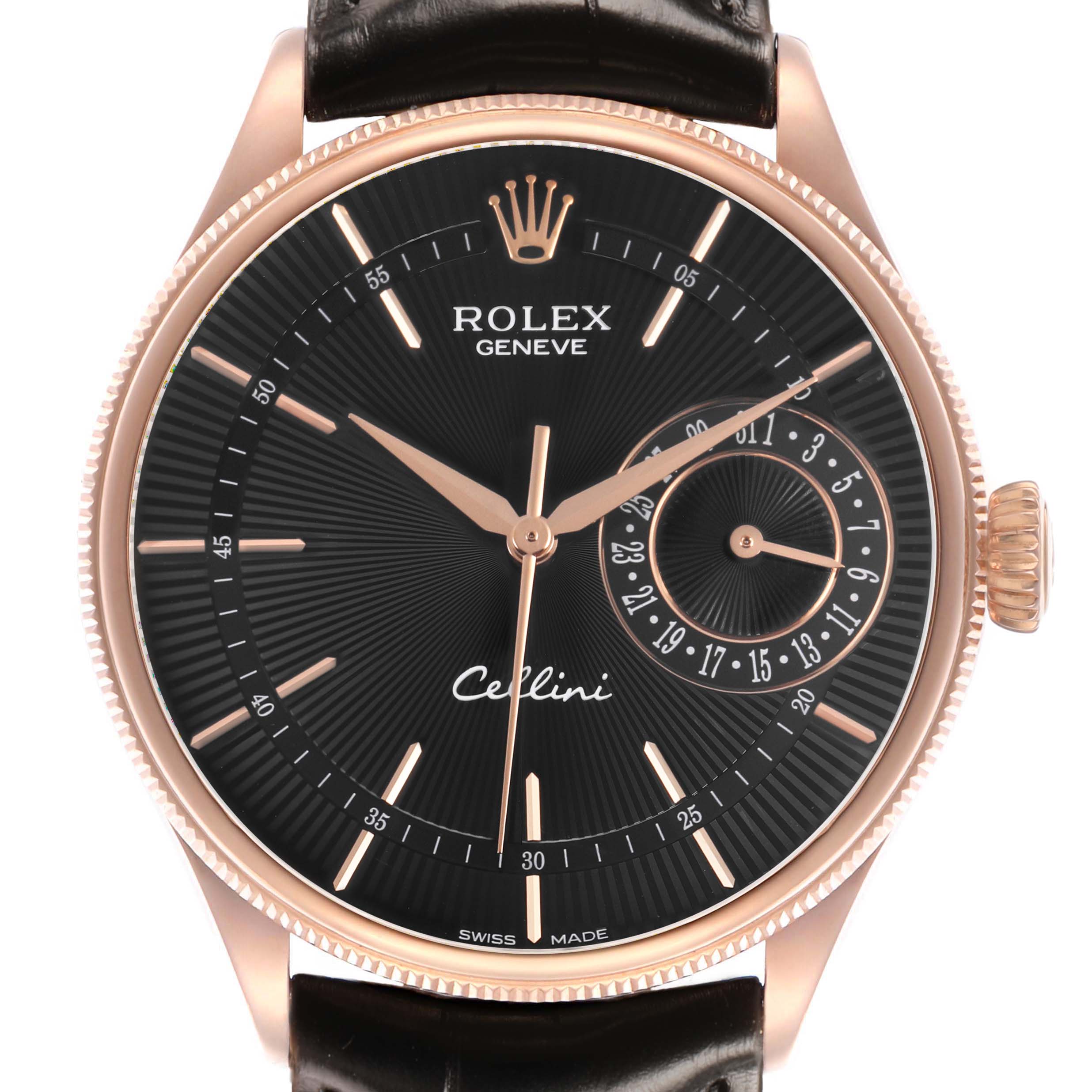 The image shows a front view of the Rolex Cellini 50515 Men's Rose Gold Black Dial watch, highlighting the black dial, rose gold case, and date subdial.
