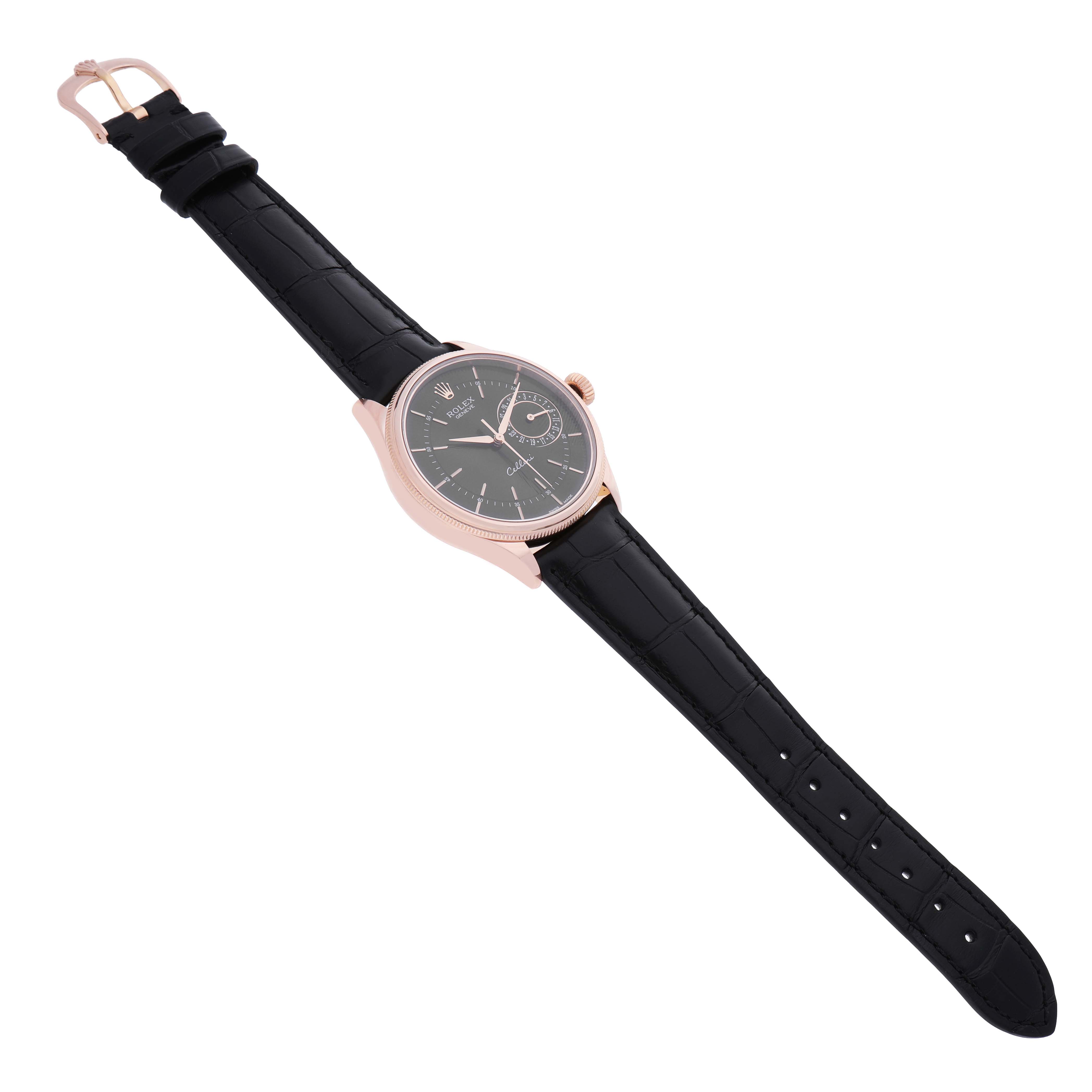 The Rolex Cellini 50515 Men's Rose Gold Black Dial watch is shown from a three-quarter angle, displaying its face, crown, and black leather strap.