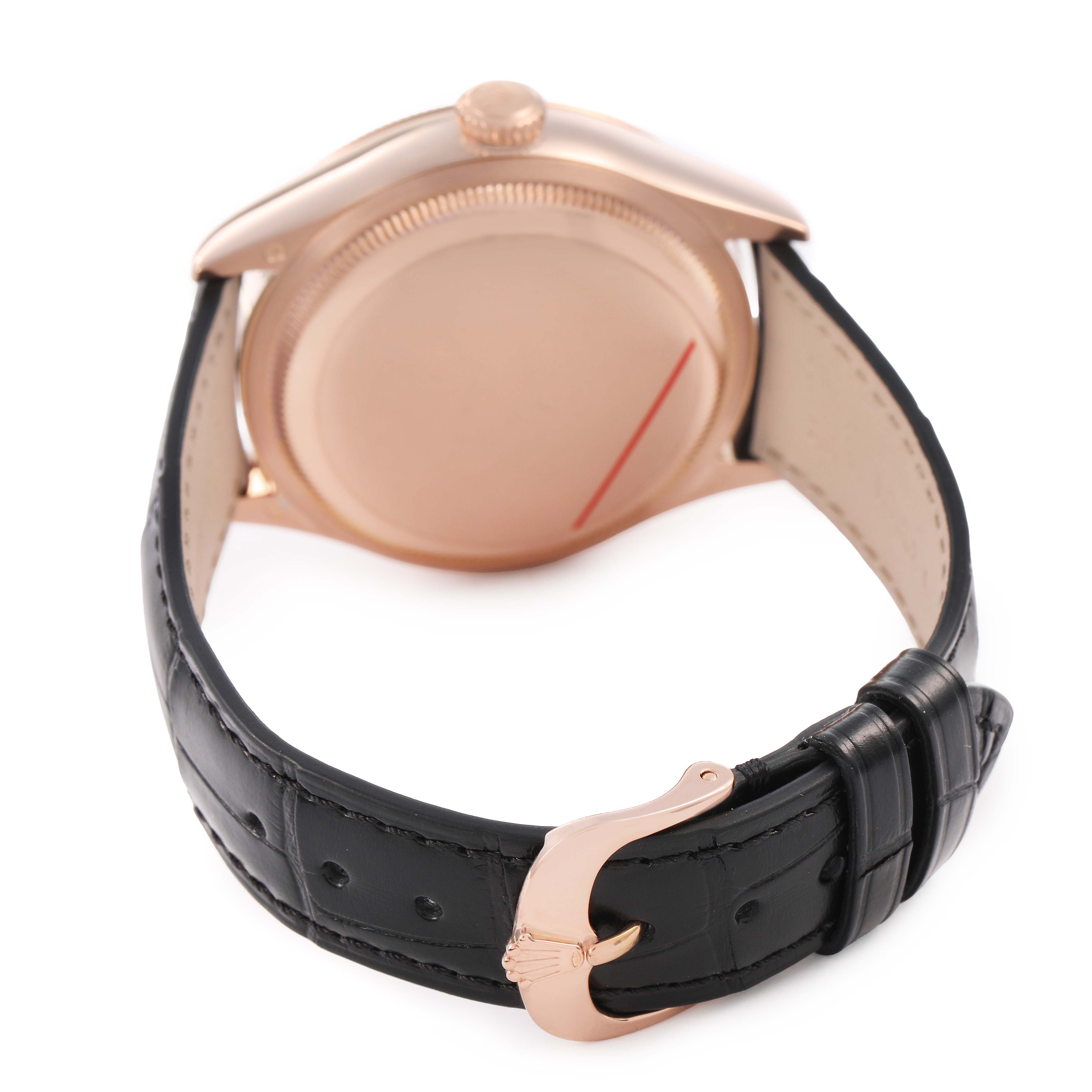 The Rolex Cellini 50515 Men's Rose Gold Black Dial watch is shown from the back, highlighting the case, crown, and a black leather strap with a buckle.