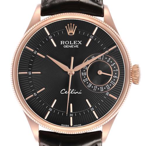 The image shows a front view of the Rolex Cellini 50515 Mens Rose Gold Black Dial watch, displaying the dial, crown, hands, and date sub-dial.