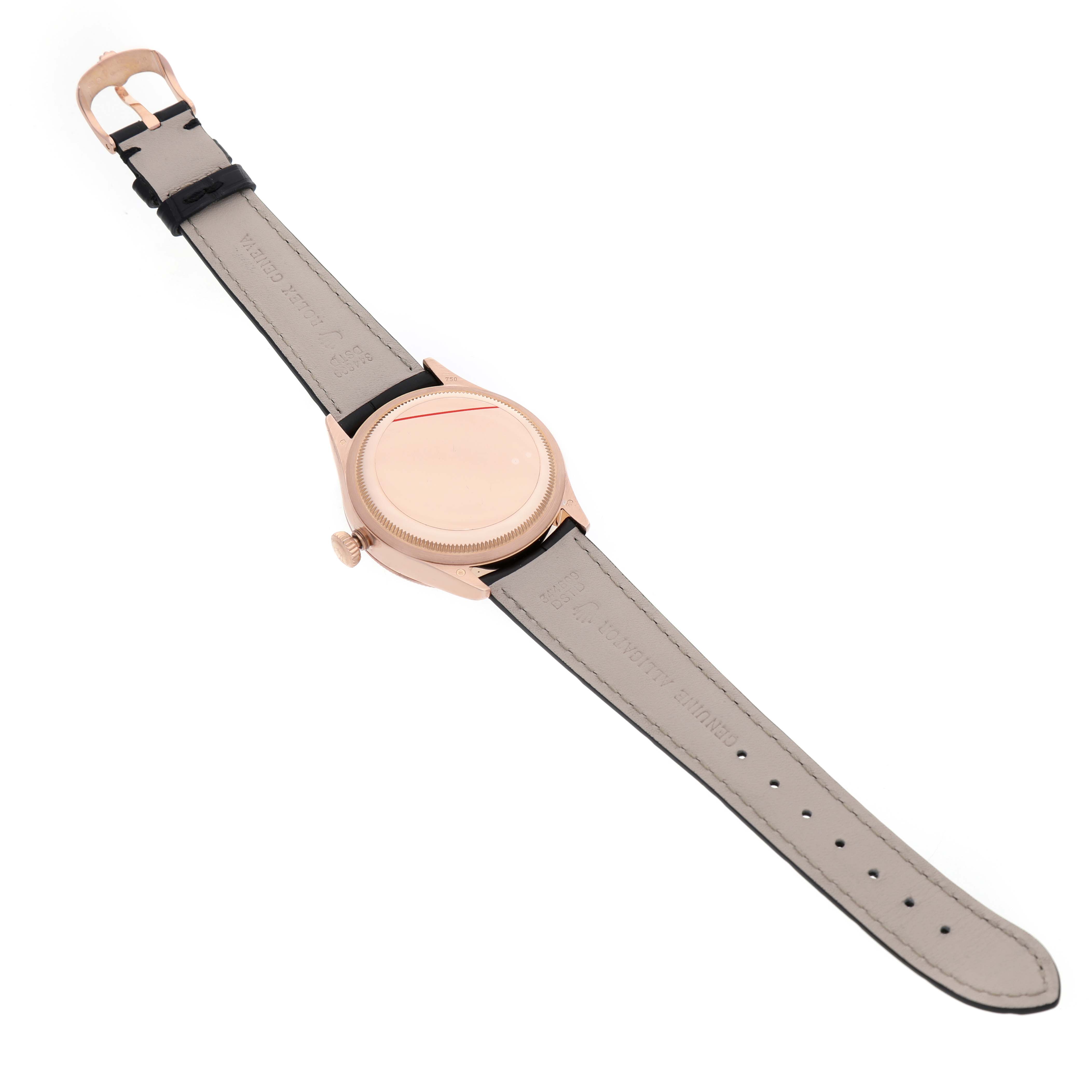 The image shows the back of a Rolex Cellini 50515 Men's Rose Gold Black Dial watch, including the strap, buckle, and case back, at a slight angle.