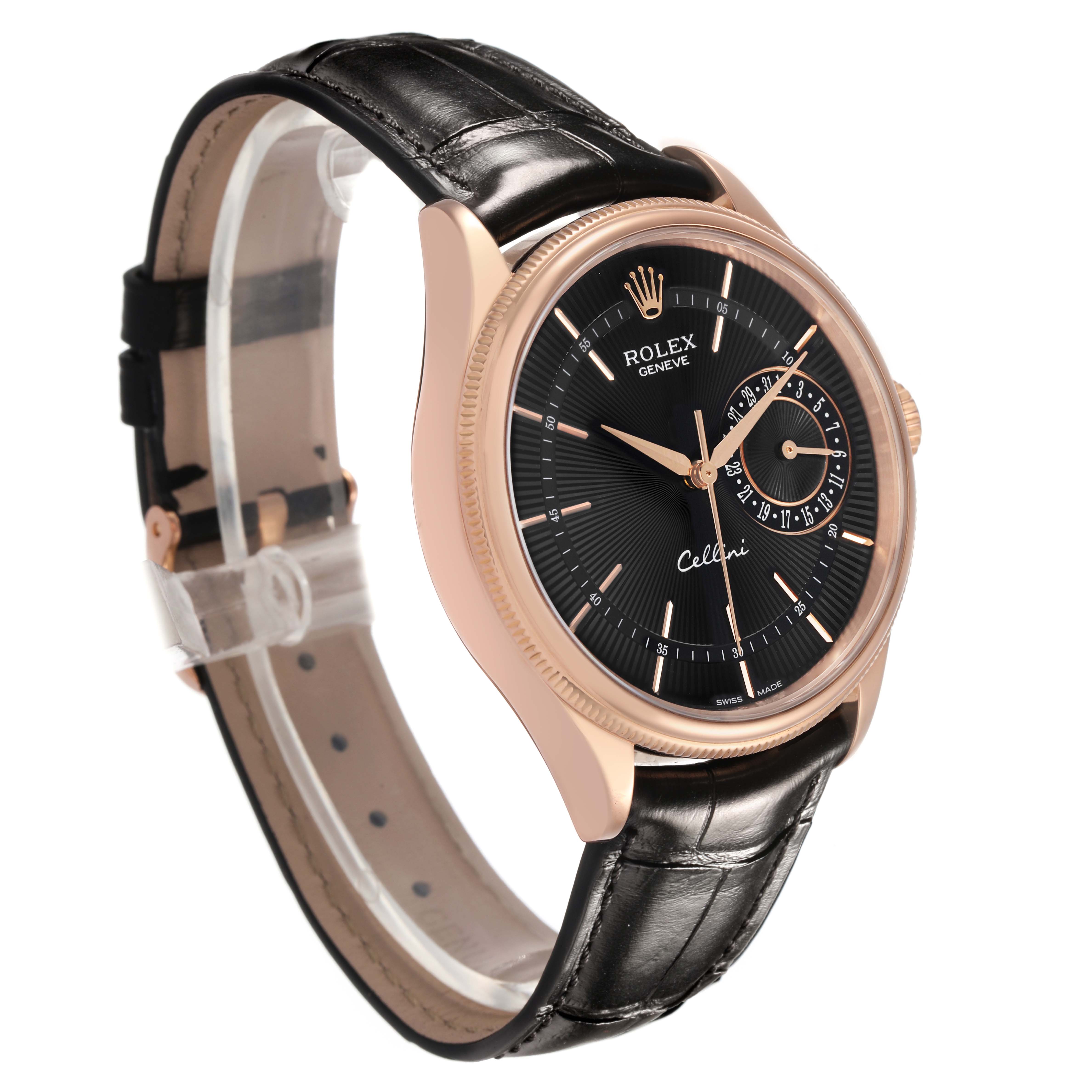 The Rolex Cellini 50515 Men's Rose Gold Black Dial watch is shown at a three-quarter angle, displaying the face, side case, and leather strap.