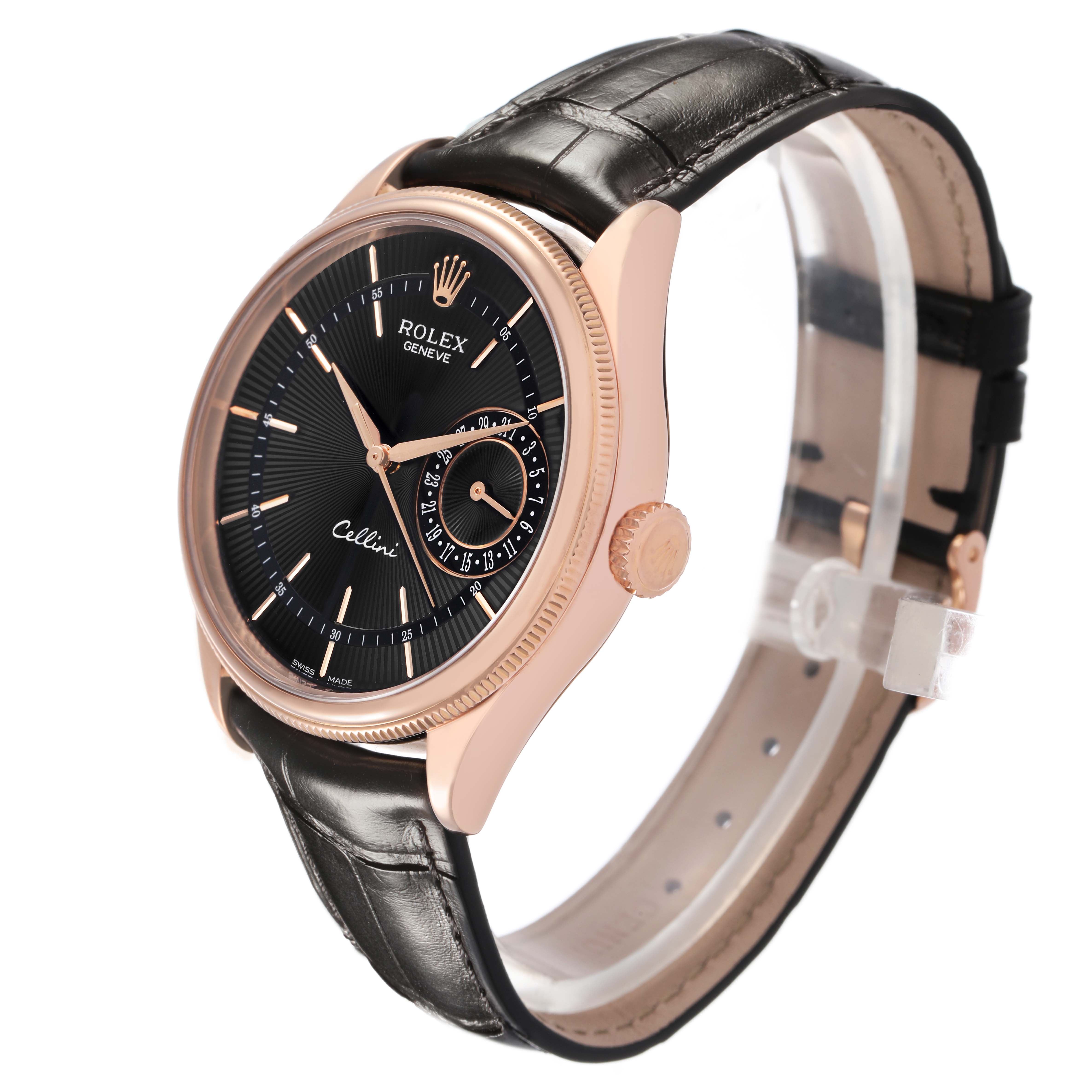 The Rolex Cellini 50515 Men's Rose Gold Black Dial watch is shown at a three-quarter angle, highlighting the face, crown, and leather strap.
