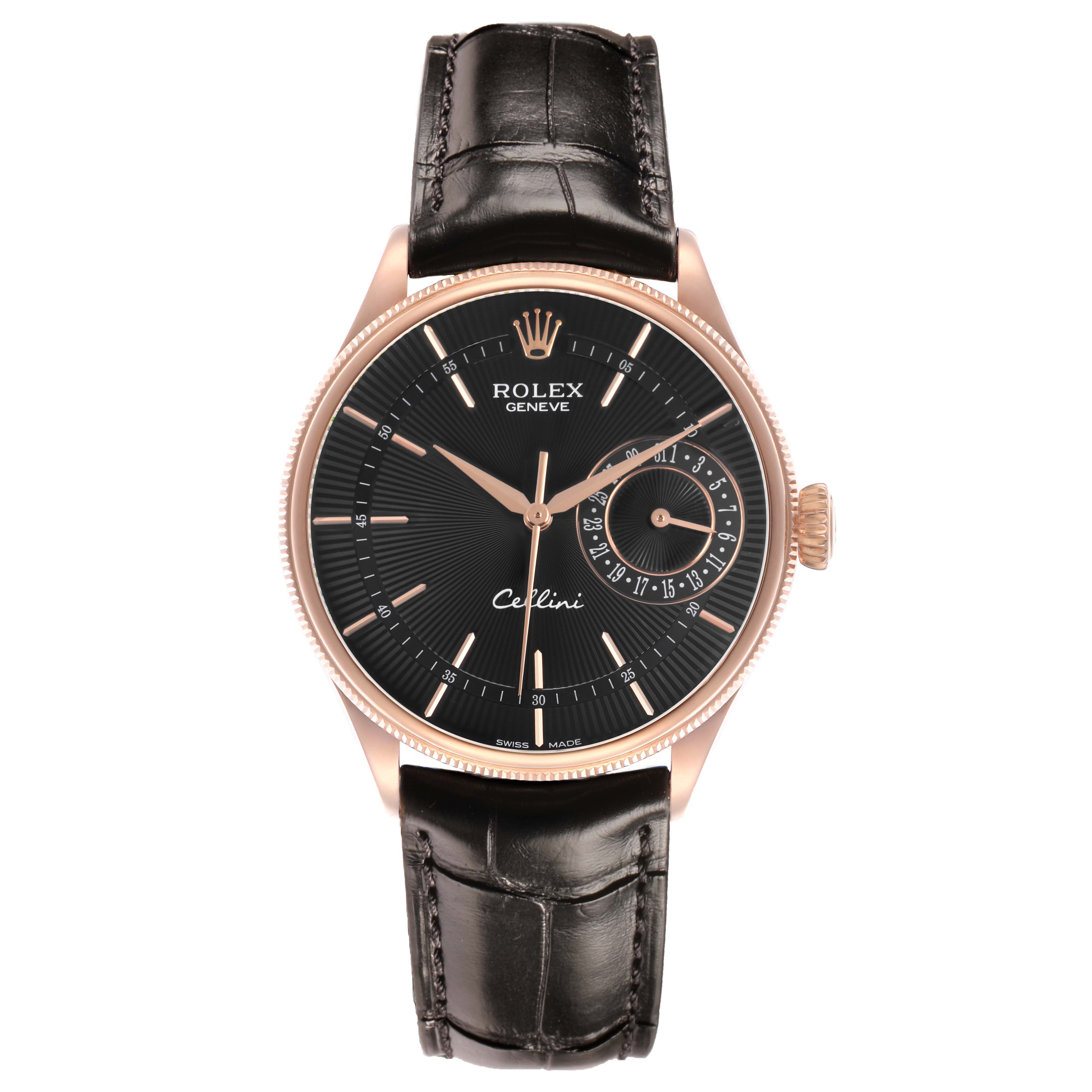 The Rolex Cellini 50515 Men's Rose Gold Black Dial watch is shown from a front view, displaying its face, case, crown, and leather strap.