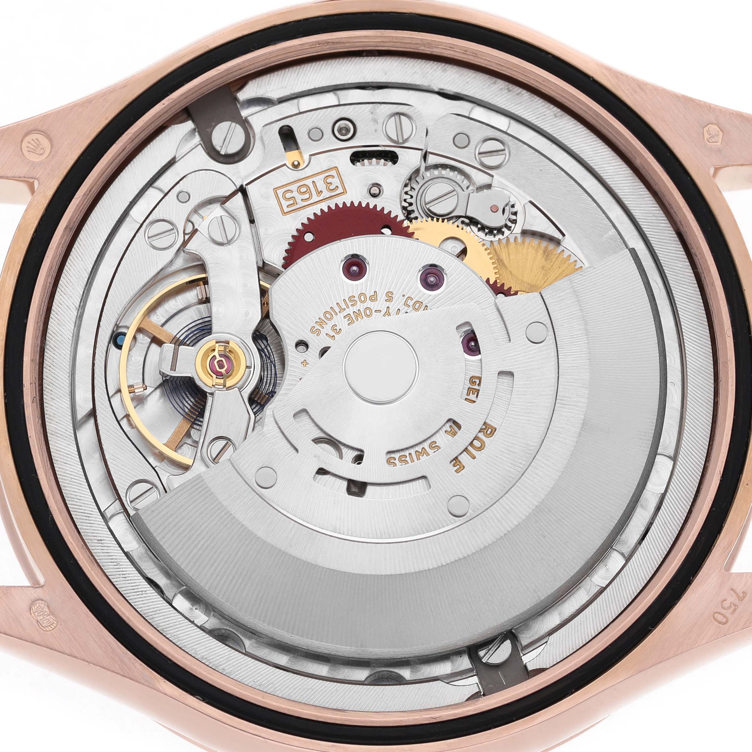 The image shows the back side of the Rolex Cellini 50515 Men's Rose Gold Black Dial watch, highlighting its intricate mechanical movement.