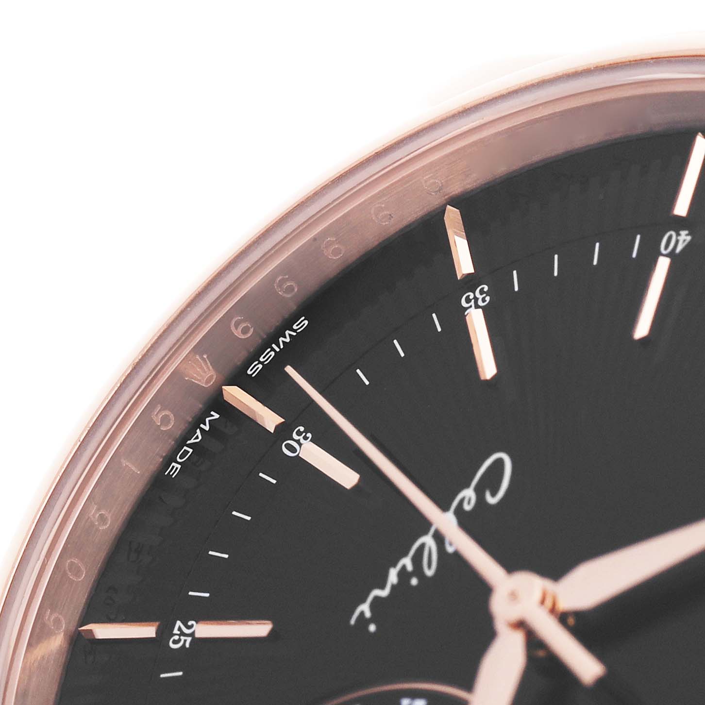 The image shows a close-up of the dial, hands, and indices of a Rolex Cellini 50515 Men's Rose Gold Black Dial watch, focusing on the upper-left quadrant.