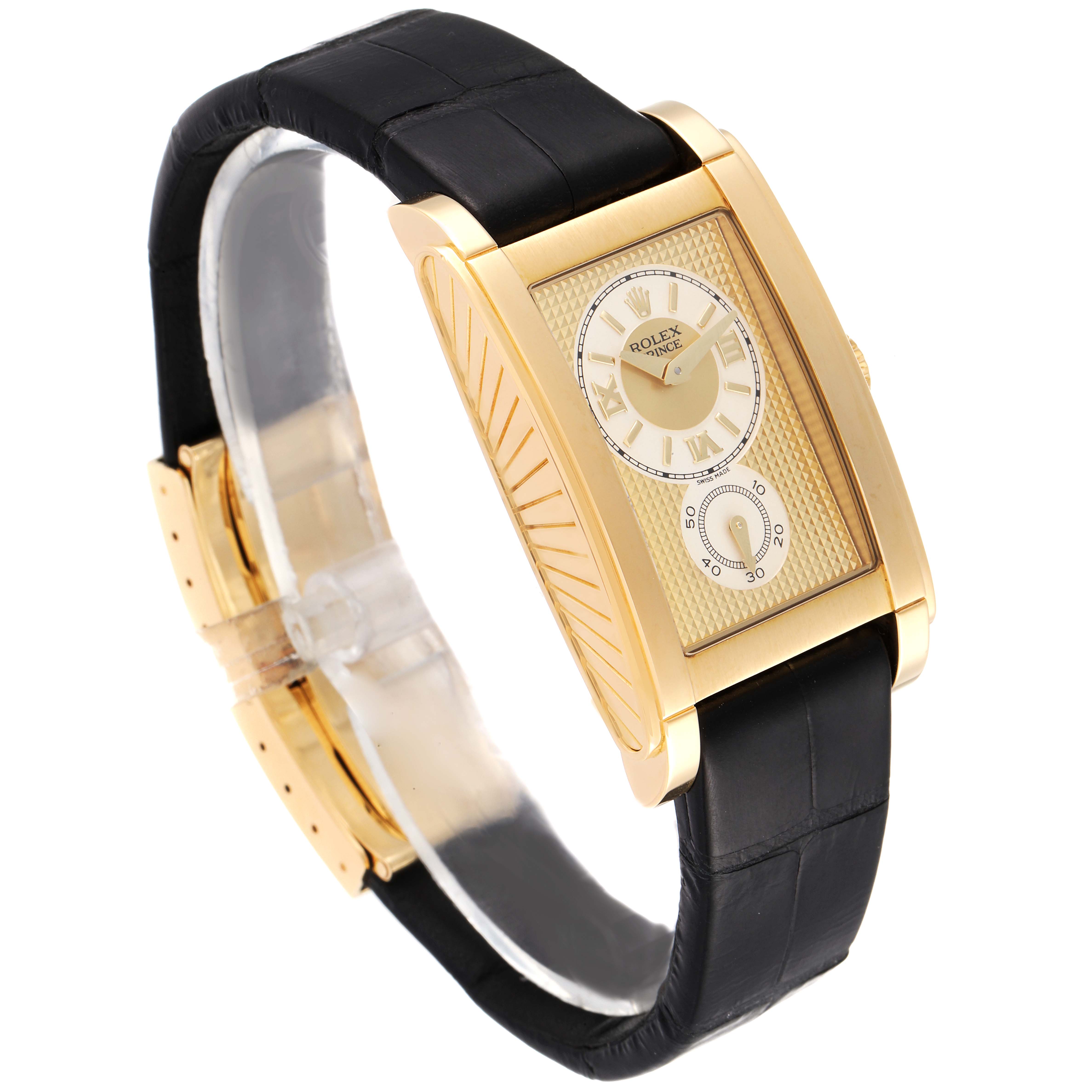 This image shows a Rolex Cellini 5440/8 Men's Yellow Gold Champagne Dial 5440/8 Men's Yellow Gold Champagne Dial watch at an angled view, displaying its gold rectangular case, black leather strap, and dial.