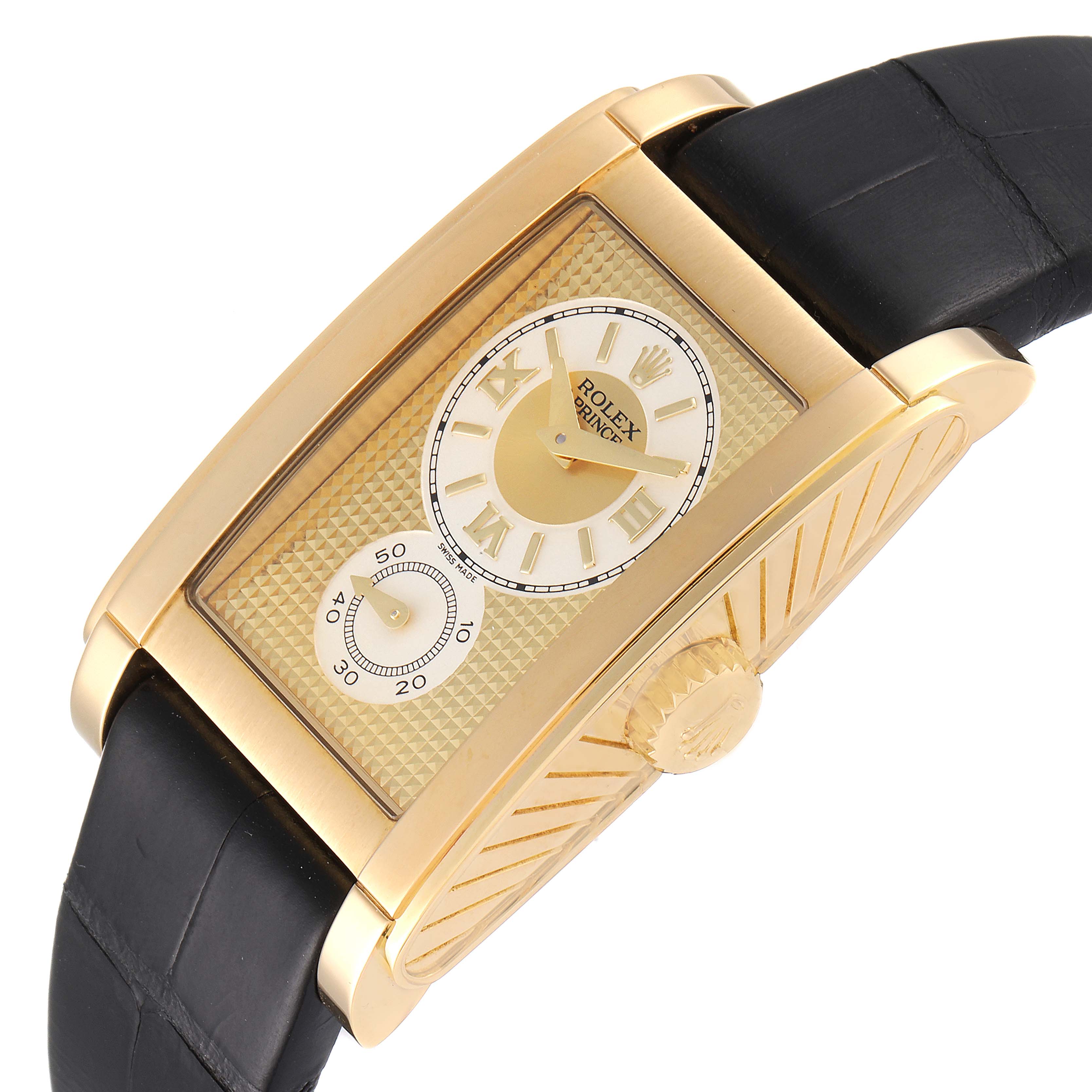 This image shows a side angle of a Rolex Cellini 5440/8 Men's Yellow Gold Champagne Dial 5440/8 Men's Yellow Gold Champagne Dial watch featuring its gold case, two subdials, and a black leather strap.