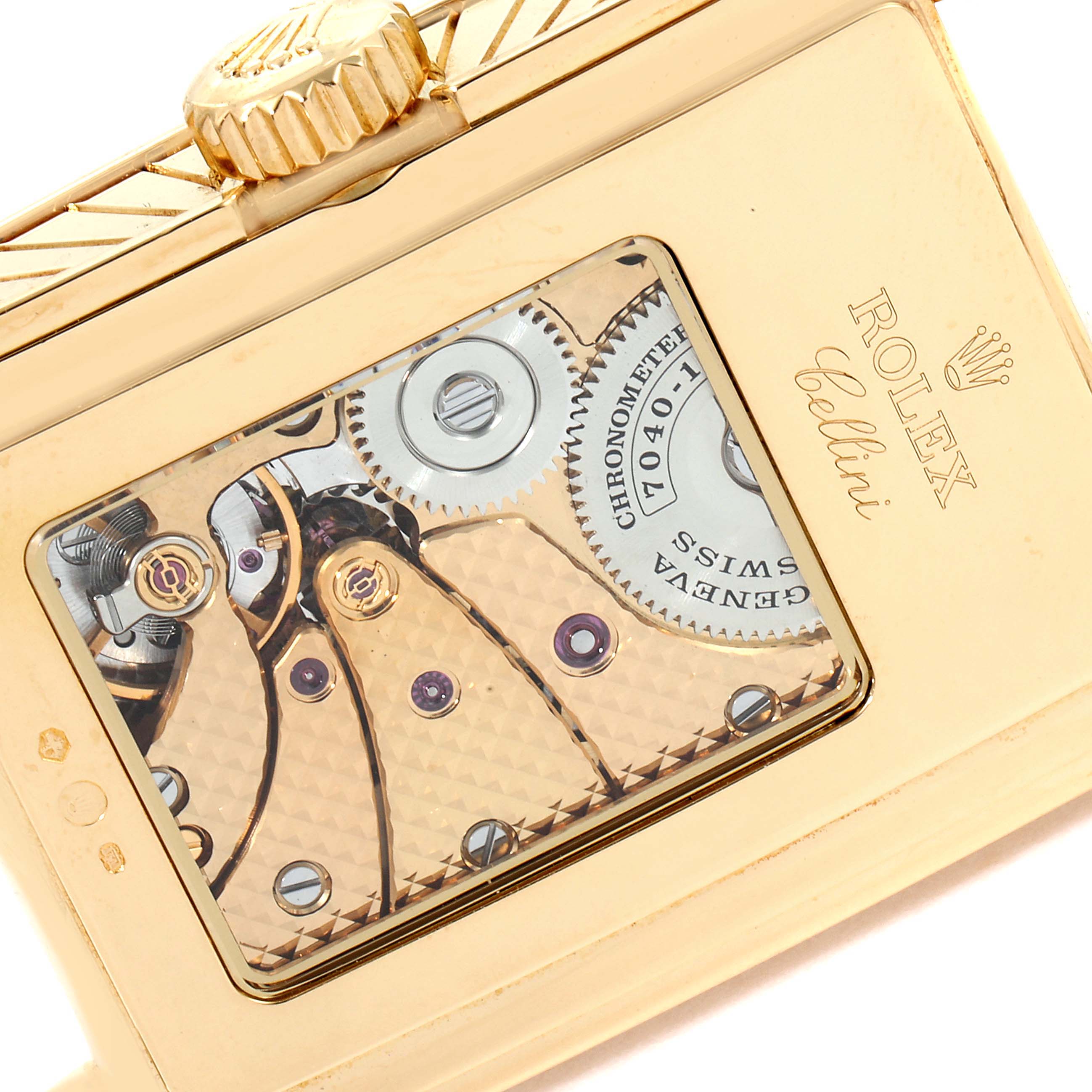 The image shows a detailed view of the Rolex Cellini 5440/8 Men's Yellow Gold Champagne Dial 5440/8 Men's Yellow Gold Champagne Dial watch movement and crown from a close-up angle.
