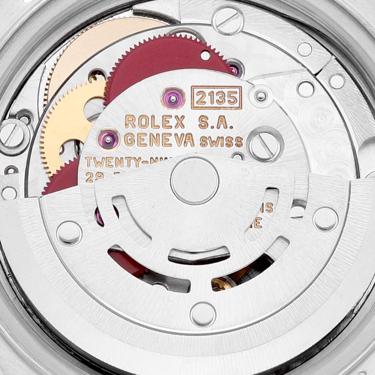 This image shows a close-up of the internal mechanism of a Rolex Date 69160 Women's Stainless Steel Blue Dial 69160 Women's Stainless Steel Blue Dial model, highlighting gears and the movement parts.