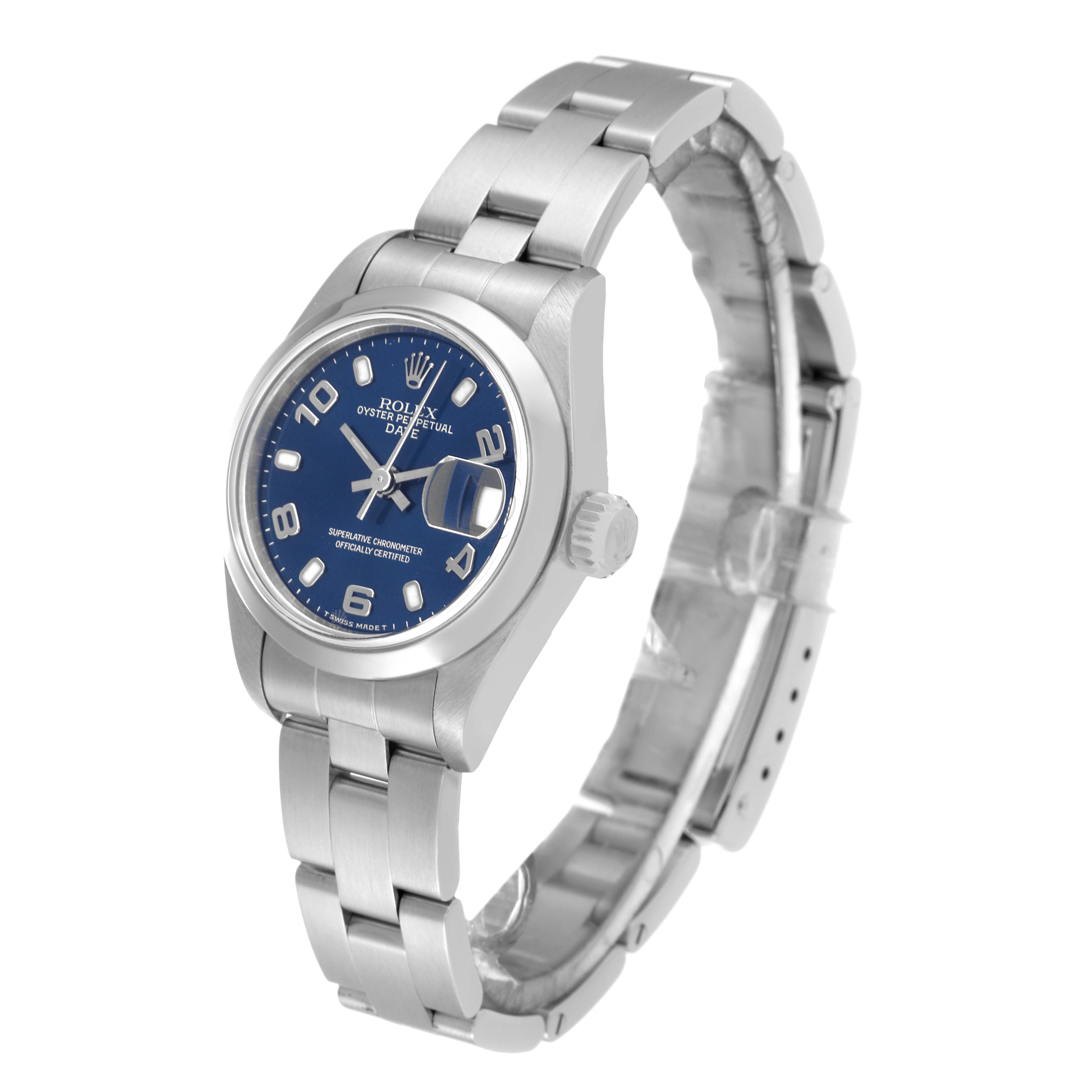 The image shows a Rolex Date 69160 Women's Stainless Steel Blue Dial 69160 Women's Stainless Steel Blue Dial model watch at an angle displaying its face, bezel, crown, and full metal bracelet.