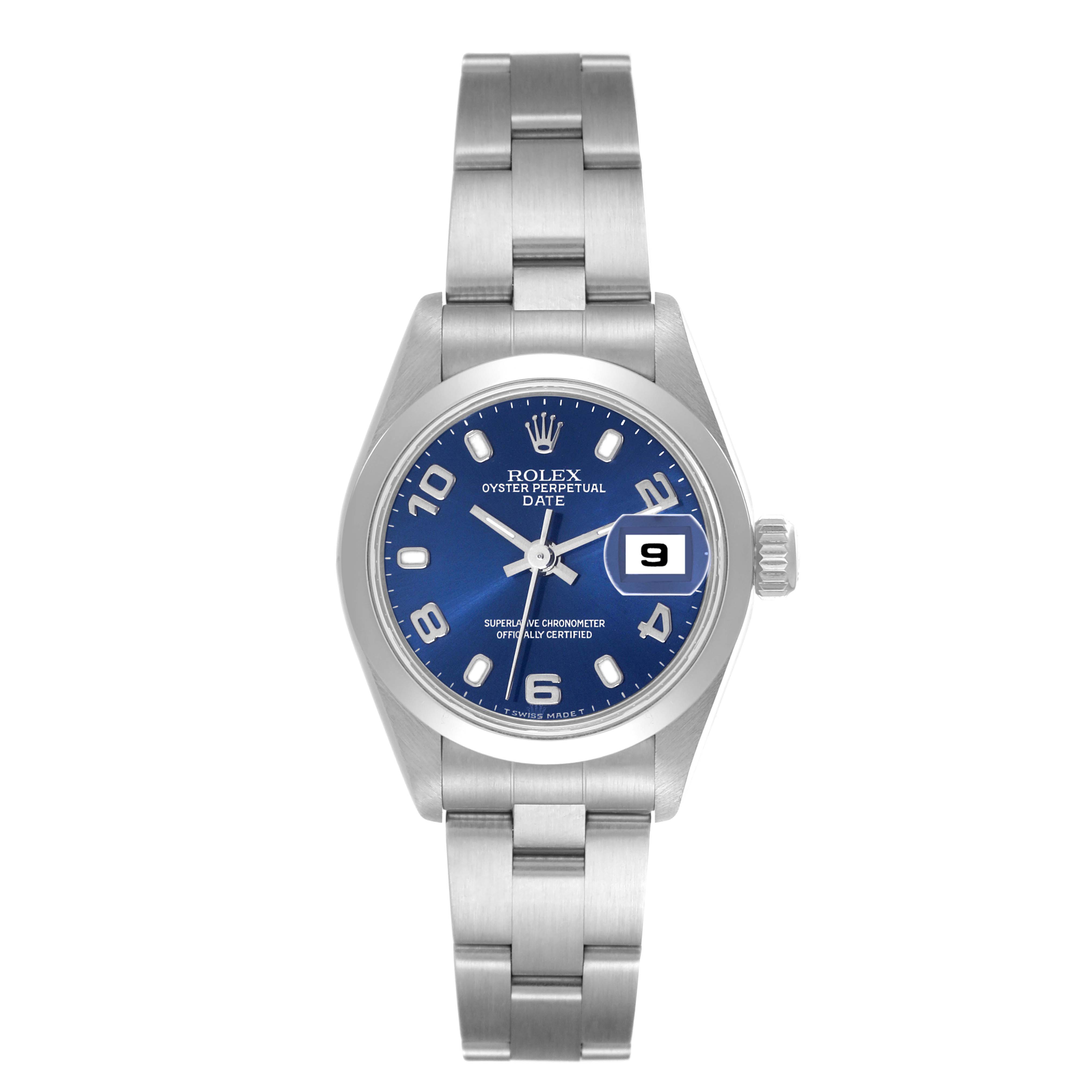 The image shows a front view of the Rolex Date 69160 Women's Stainless Steel Blue Dial 69160 Women's Stainless Steel Blue Dial model watch, highlighting its face, date window, and metallic bracelet.