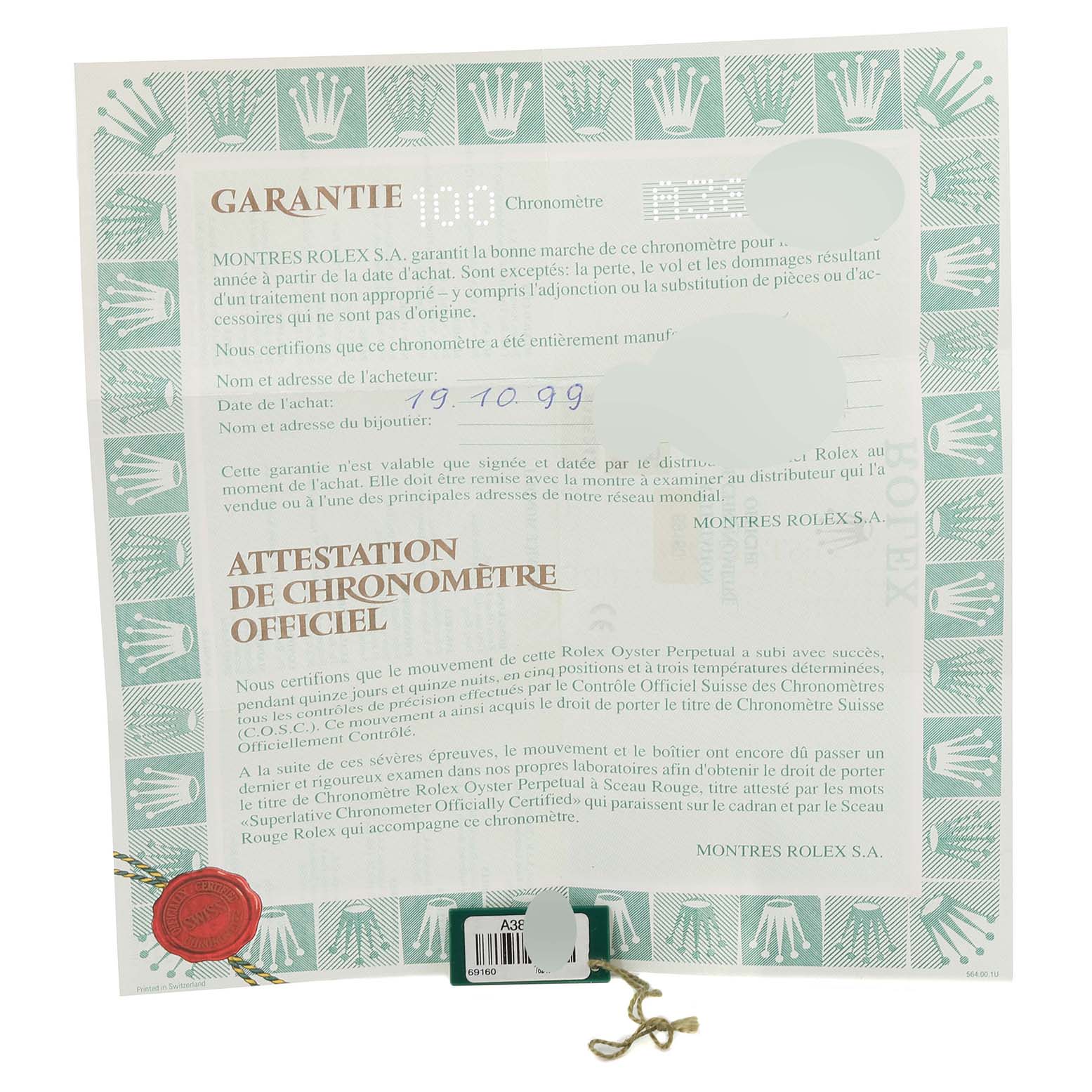 The image shows a Rolex Date 69160 Women's Stainless Steel Blue Dial 69160 Women's Stainless Steel Blue Dial model warranty and certificate of authenticity, viewed from the front.