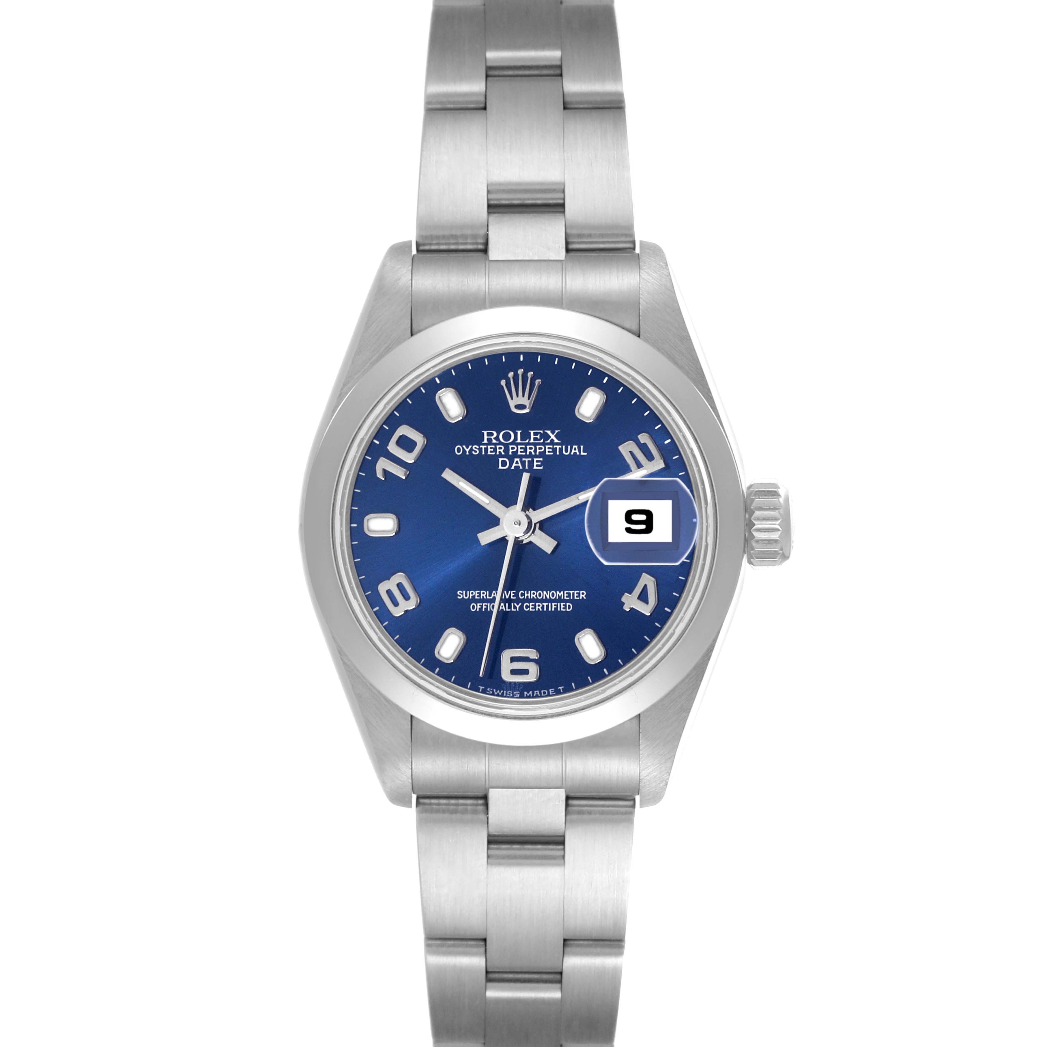 This image shows a Rolex Oyster Perpetual Date watch from a front angle, highlighting its blue dial, date display, and stainless steel bracelet.