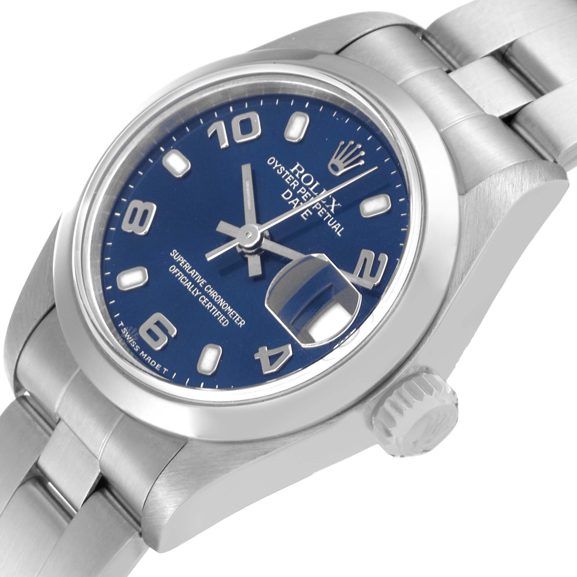 The image shows a close-up angle of a Rolex Date 69160 Women's Stainless Steel Blue Dial 69160 Women's Stainless Steel Blue Dial model watch, focusing on the face, crown, and bracelet.