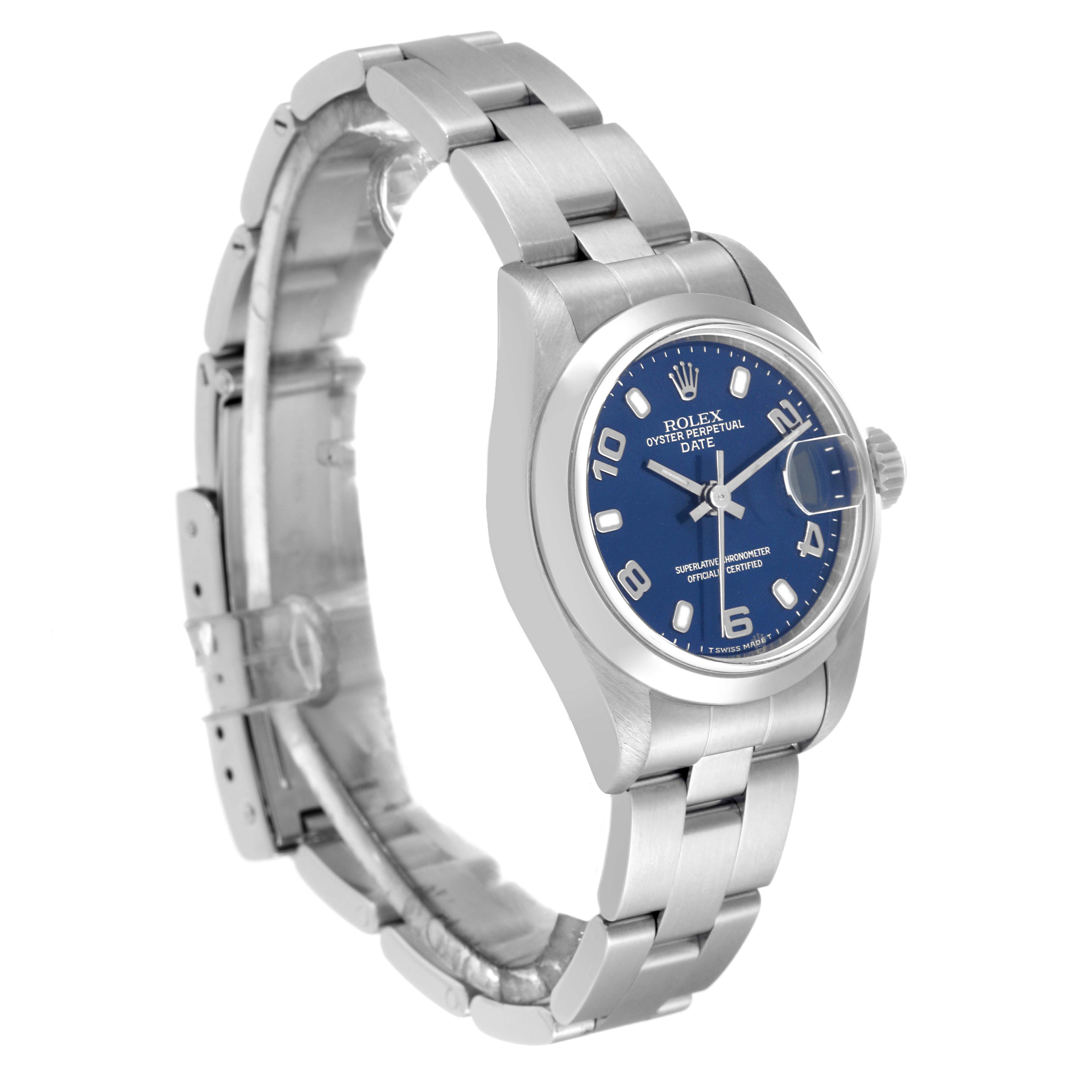 The Rolex Date 69160 Women's Stainless Steel Blue Dial 69160 Women's Stainless Steel Blue Dial model is shown at a slight angle, displaying the blue dial, bezel, crown, and stainless steel bracelet.