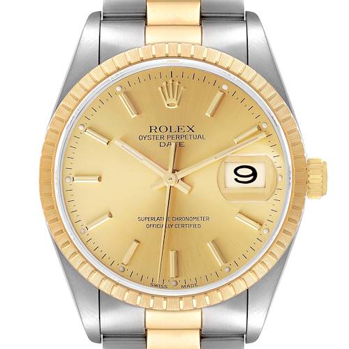 Photo of Rolex Date Steel Yellow Gold Baton Dial Oyster Bracelet Mens Watch 15223
