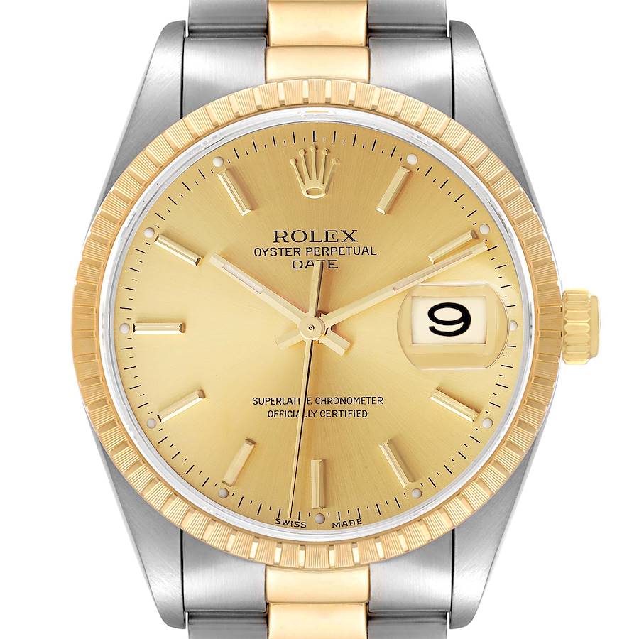 Rolex Date Steel Yellow Gold Baton Dial Oyster Bracelet Mens Watch 15223 SwissWatchExpo