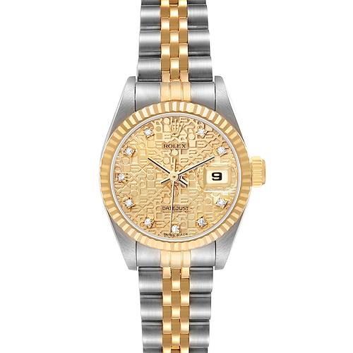 The Rolex Datejust 69173 Womens Steel and Gold (two tone) Champagne Dial watch is shown from a top-down angle, featuring a two-tone bracelet, fluted bezel, and a patterned gold dial.