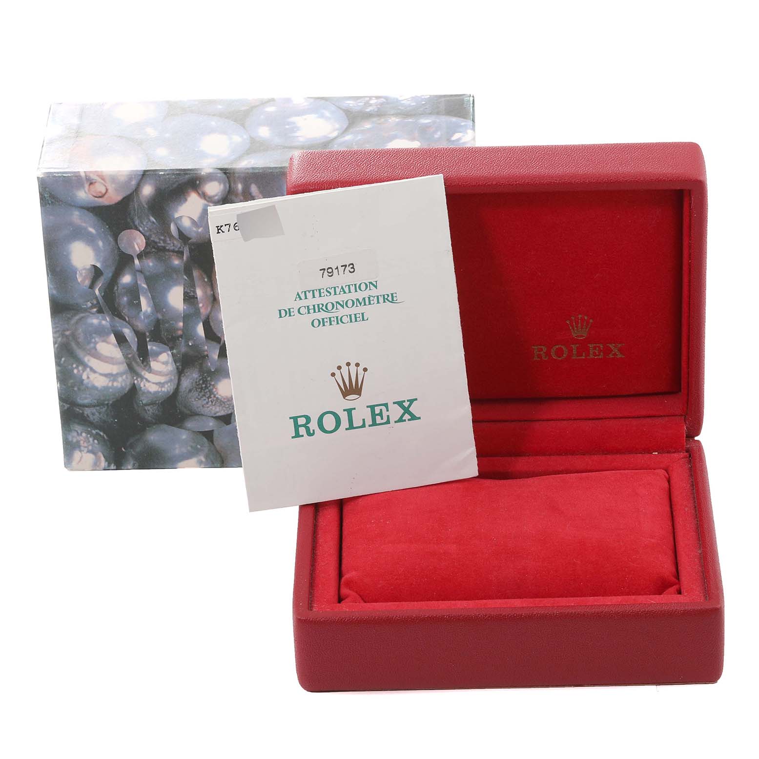 This image shows the packaging and certification card for a Rolex Datejust 79173 Women's Steel and Gold (two tone) White Dial 79173 Women's Steel and Gold (two tone) White Dial watch, with an open red box and official Rolex documentation.