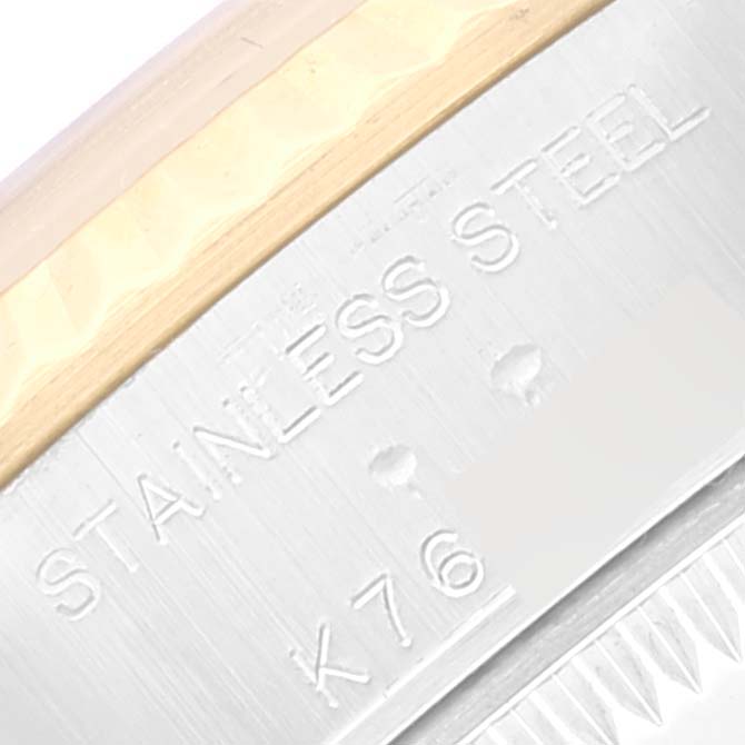 The image shows a close-up angle of the case back inscribed with "STAINLESS STEEL" and part of the reference number of a Rolex Datejust 79173 Women's Steel and Gold (two tone) White Dial 79173 Women's Steel and Gold (two tone) White Dial.