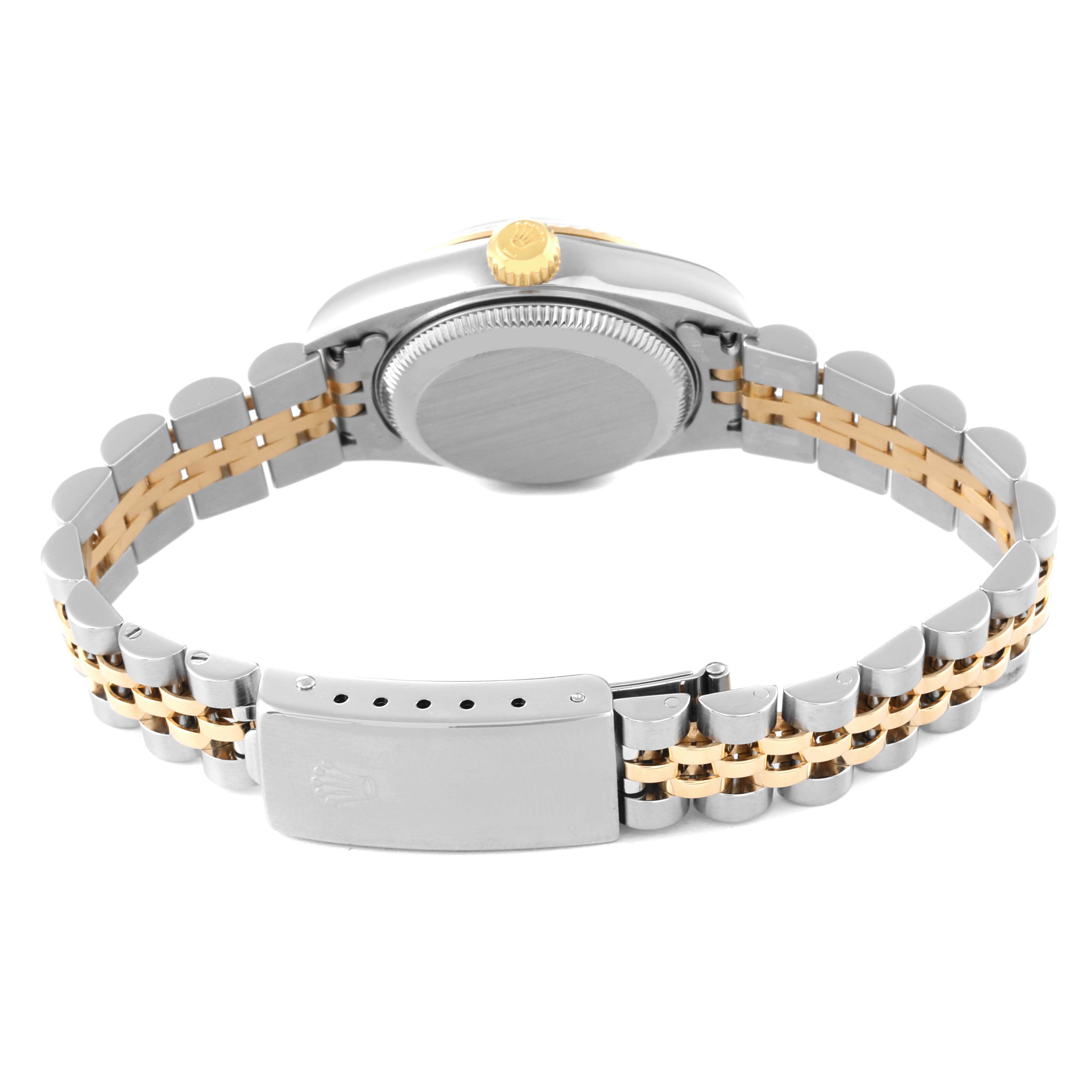 This is the back view of the Rolex Datejust 79173 Women's Steel and Gold (two tone) White Dial 79173 Women's Steel and Gold (two tone) White Dial model watch, showing the bracelet and clasp.