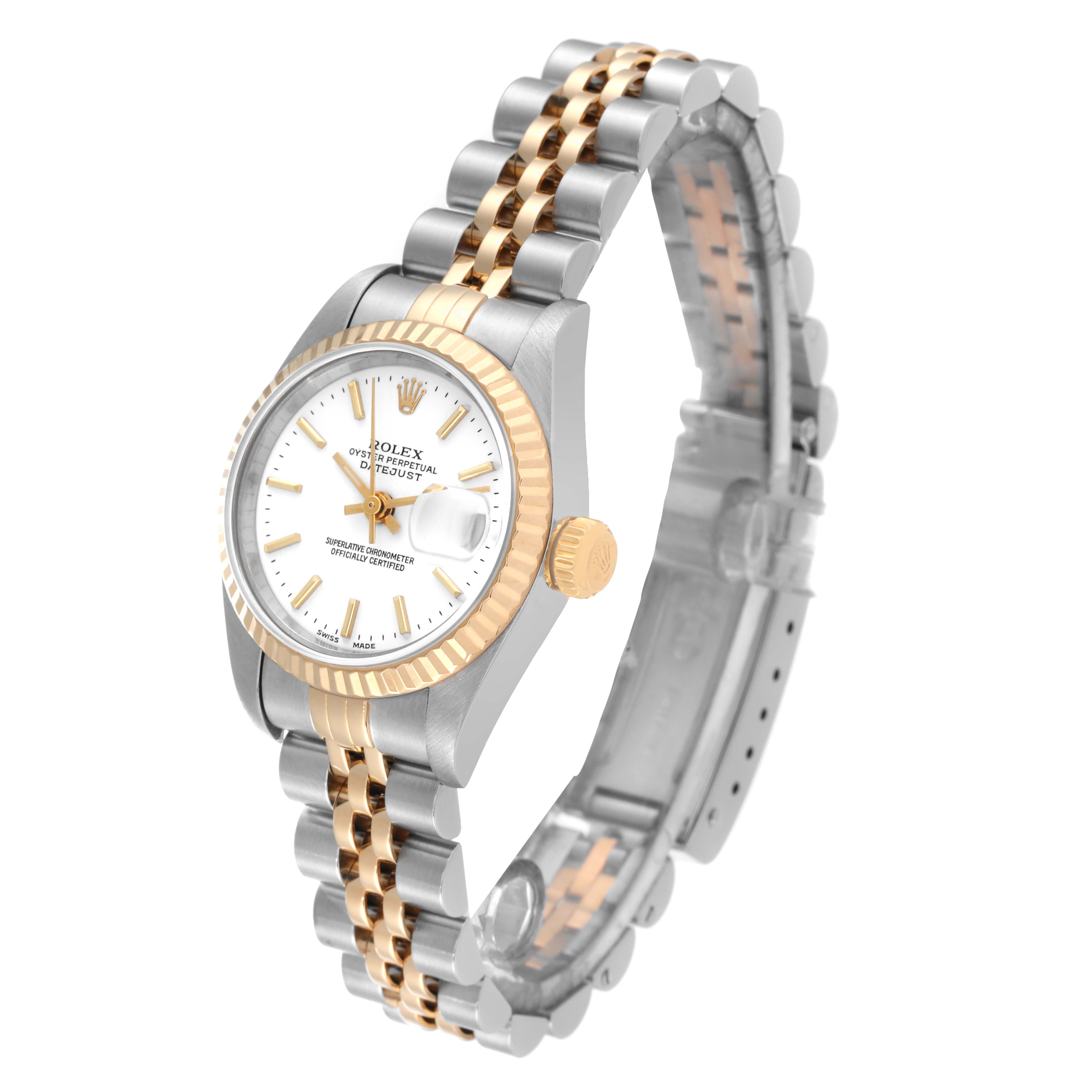 The image shows a Rolex Datejust 79173 Women's Steel and Gold (two tone) White Dial 79173 Women's Steel and Gold (two tone) White Dial watch from an angled view highlighting the dial, fluted bezel, and two-tone jubilee bracelet.
