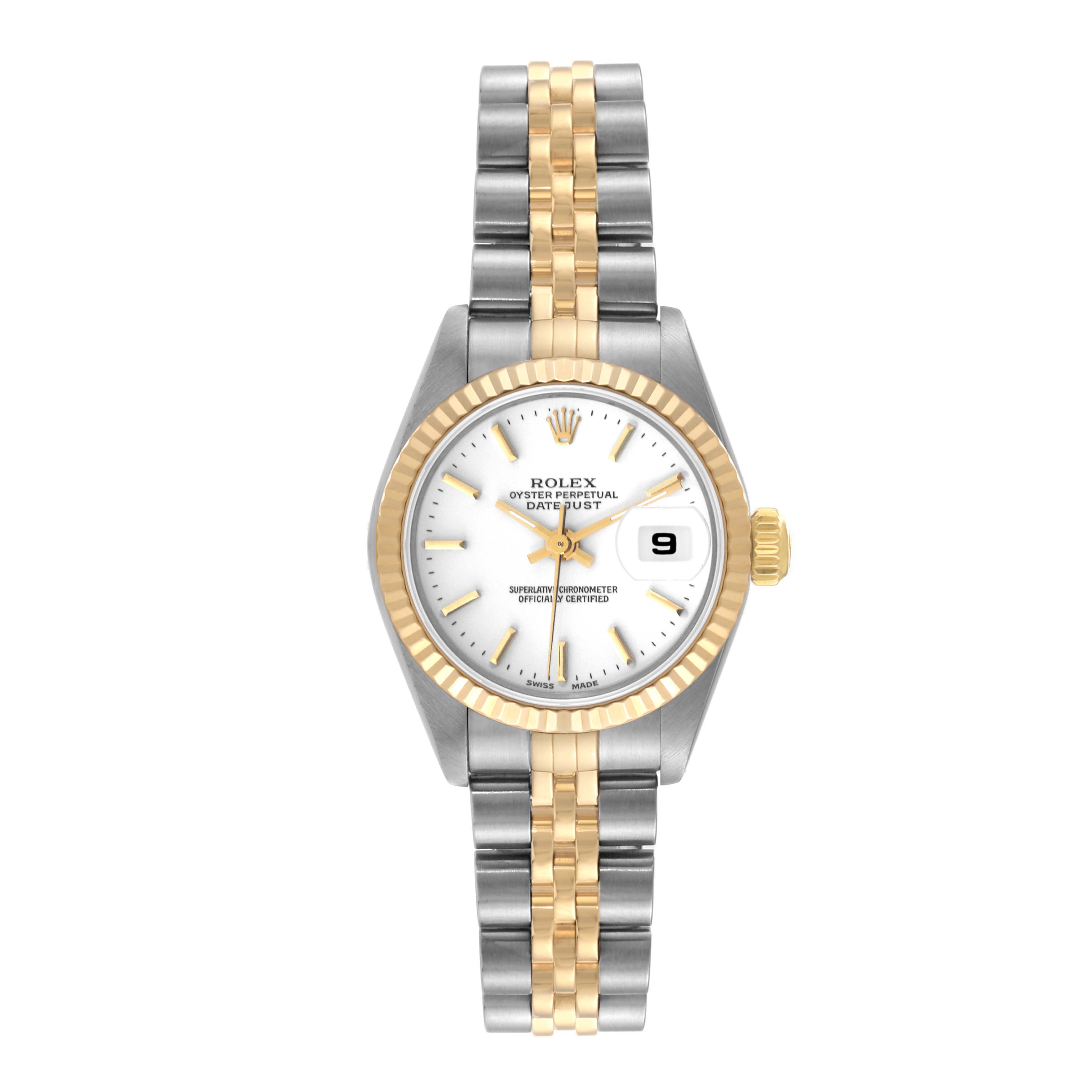 The Rolex Datejust 79173 Women's Steel and Gold (two tone) White Dial 79173 Women's Steel and Gold (two tone) White Dial watch is shown from a top-down angle, highlighting its face, bezel, and two-tone bracelet.