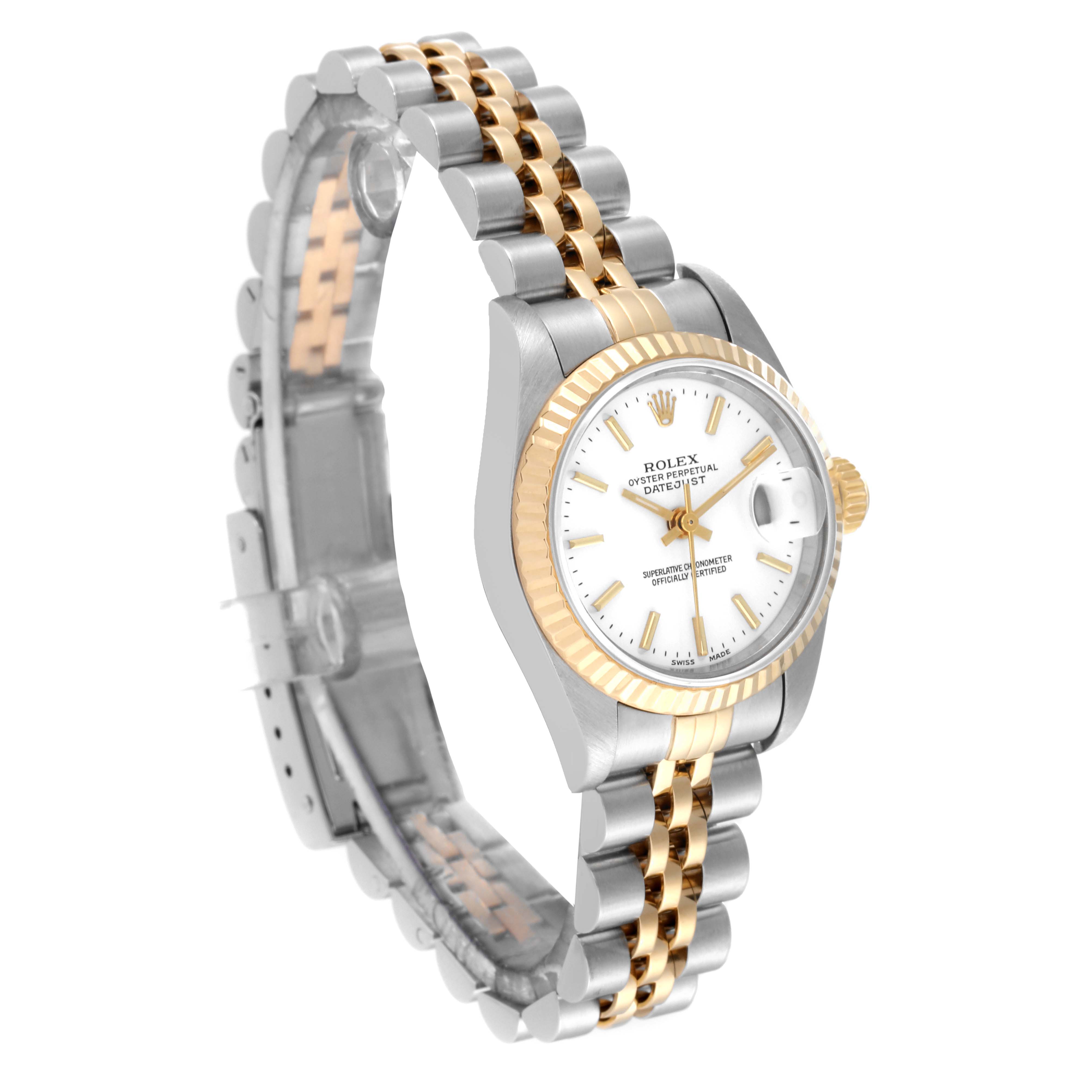 The image shows a side angle of a Rolex Datejust 79173 Women's Steel and Gold (two tone) White Dial 79173 Women's Steel and Gold (two tone) White Dial watch, highlighting the case, bezel, dial, and two-tone bracelet.