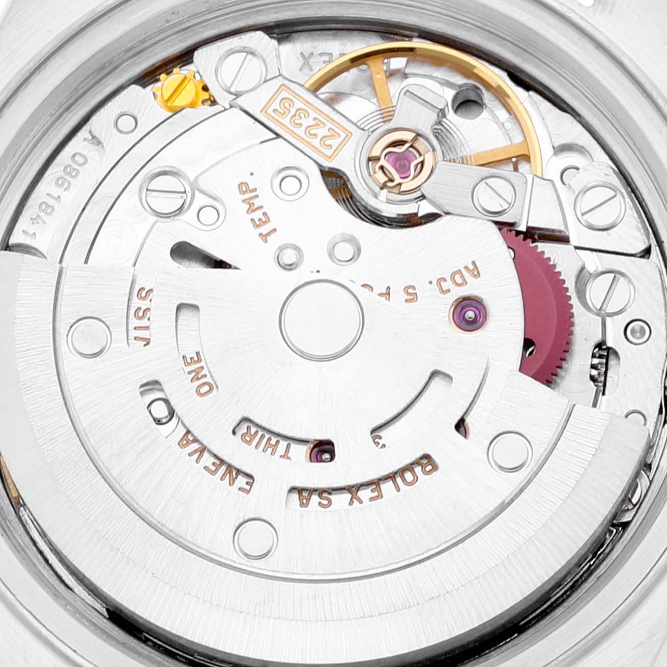 This is a close-up view of the movement mechanism of a Rolex Datejust 79173 Women's Steel and Gold (two tone) White Dial 79173 Women's Steel and Gold (two tone) White Dial model.
